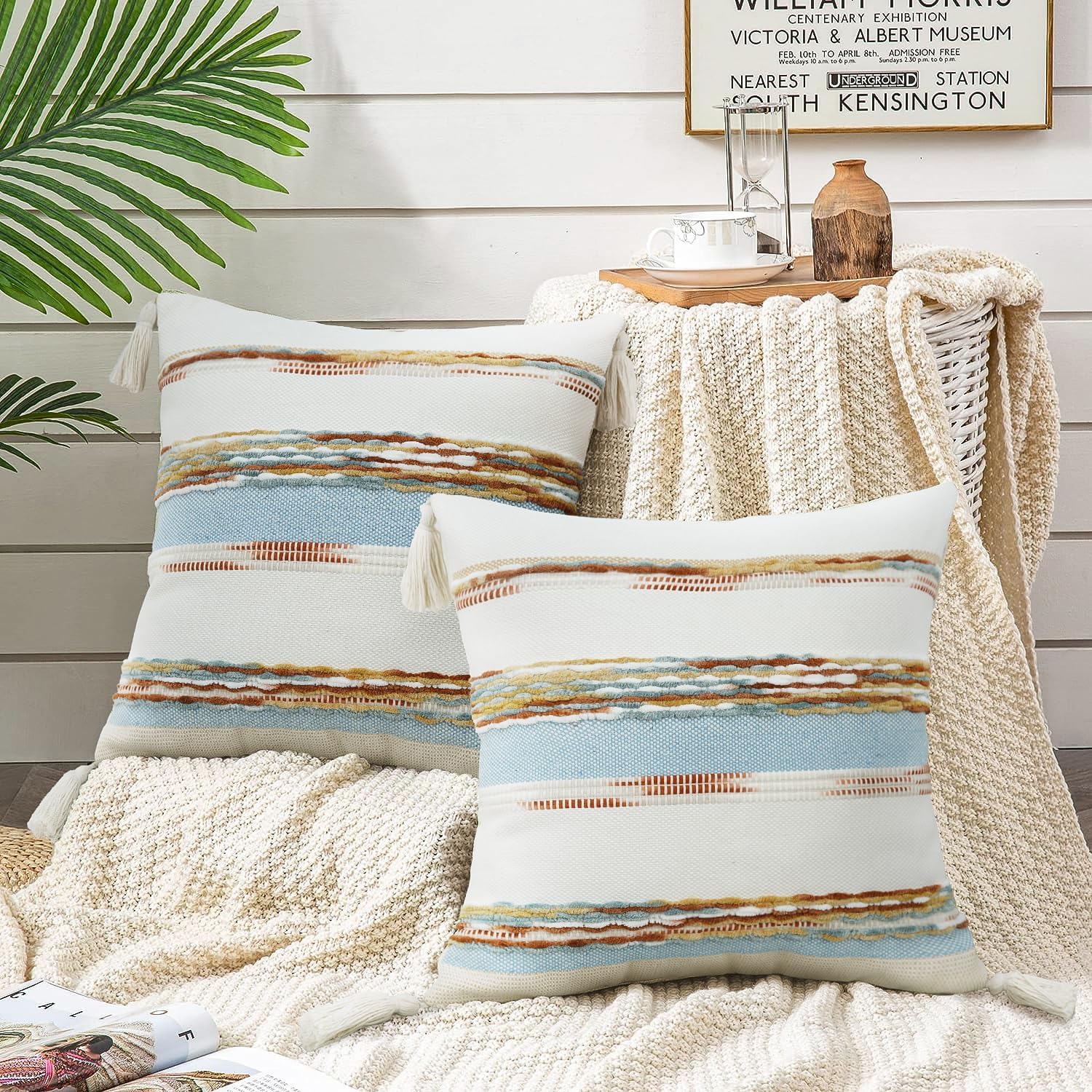 Pyonic Boho Throw Pillow Covers 18x18Inch,Pack of 2 Striped Tufted Pillow Covers with Tassel,Boho Decorative Accent Pillows for Sofa Couch-Blue