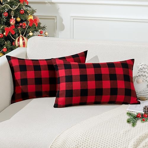 OTOSTAR Paquete de 2 fundas de almohada clásicas de lino a cuadros navideños de 16 x 16 pulgadas, fundas de cojín cuadradas suaves para decoración