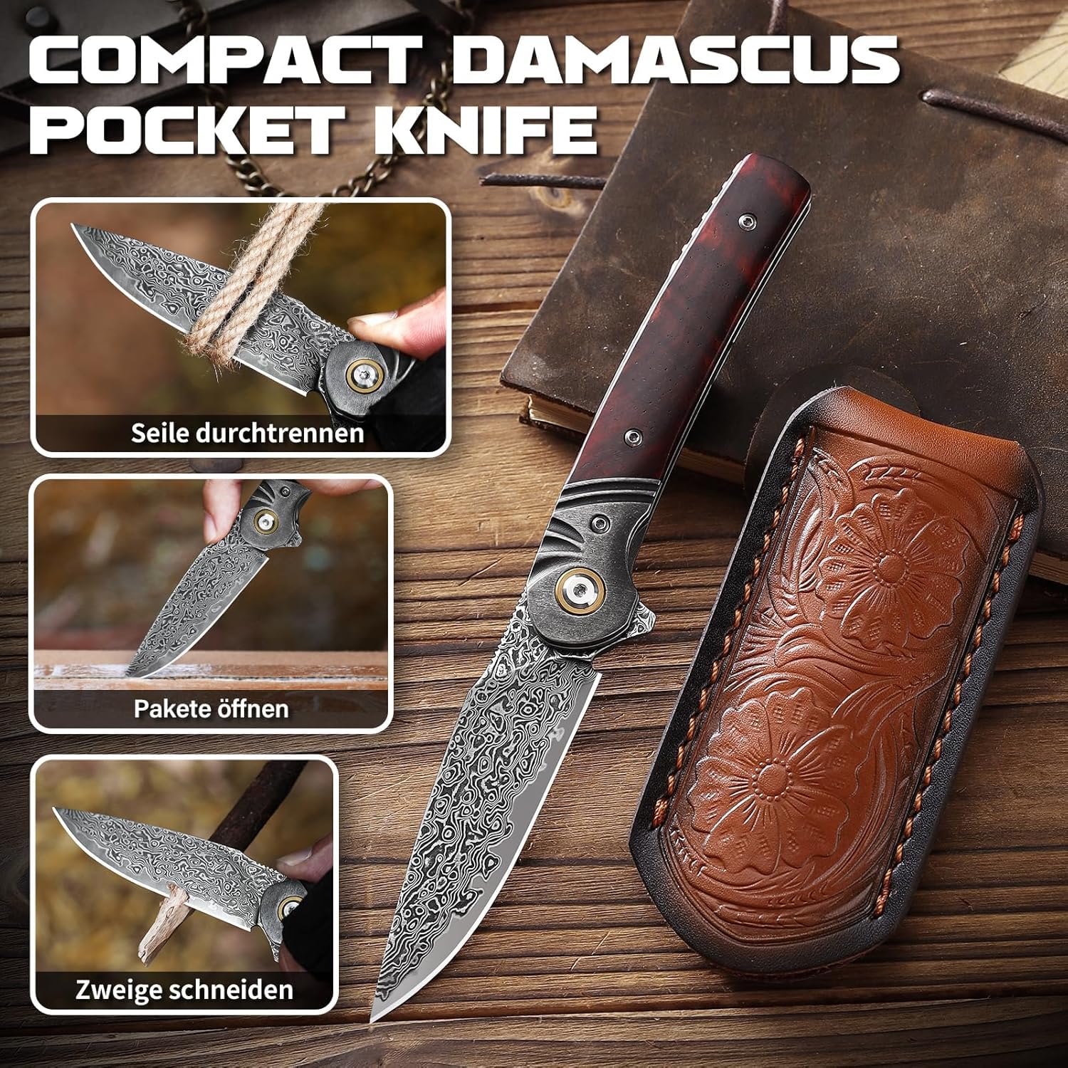 Omesio Cuchillo Plegable de Damasco 67 Capas con Núcleo VG10 – Navaja EDC de Bolsillo con Clip, Hoja Afilada y Funda de Cuero, Ideal para Camping, Outdoor y Uso Diario