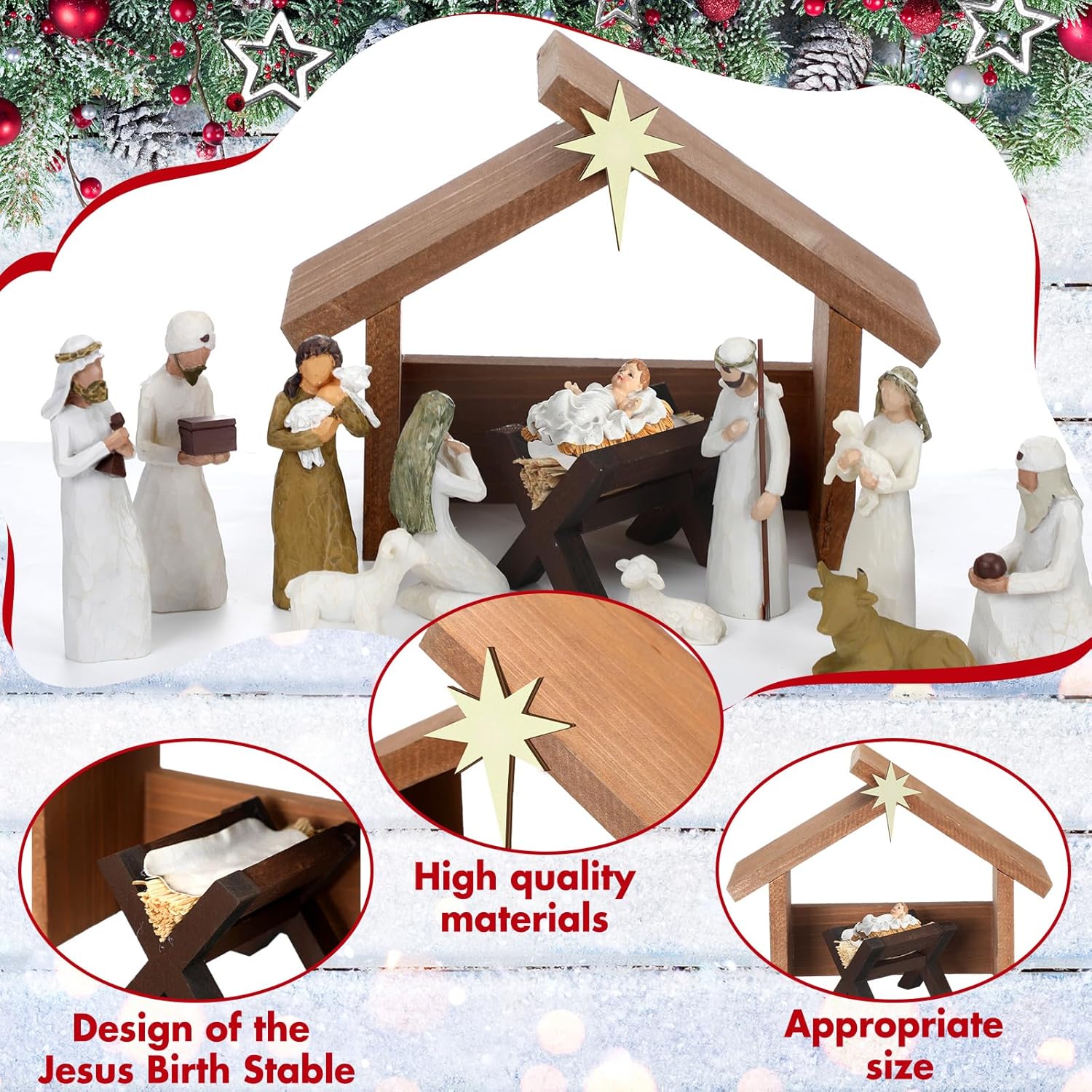 Yaomiao 2 Pcs Small Christmas Nativity Stable Manger Decorations 9.25 x 7.08 Inch Wood Nativity Scene with Roof Star for Inside Scale Holy Family Tiny Wooden Stable Shed Creche Home Desk Decor