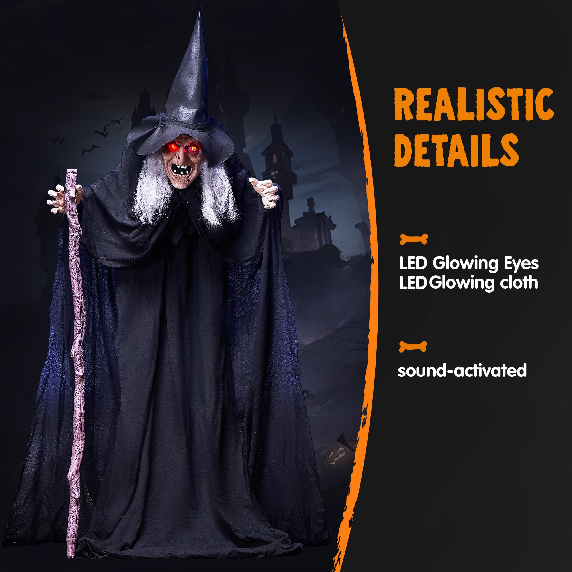 JOYIN 1,8 m Halloween Animatronics Strega con canna, decorazioni di Halloween a grandezza naturale con suono raccapricciante e occhi luminosi, attivazione del suono animata casa infestata puntello