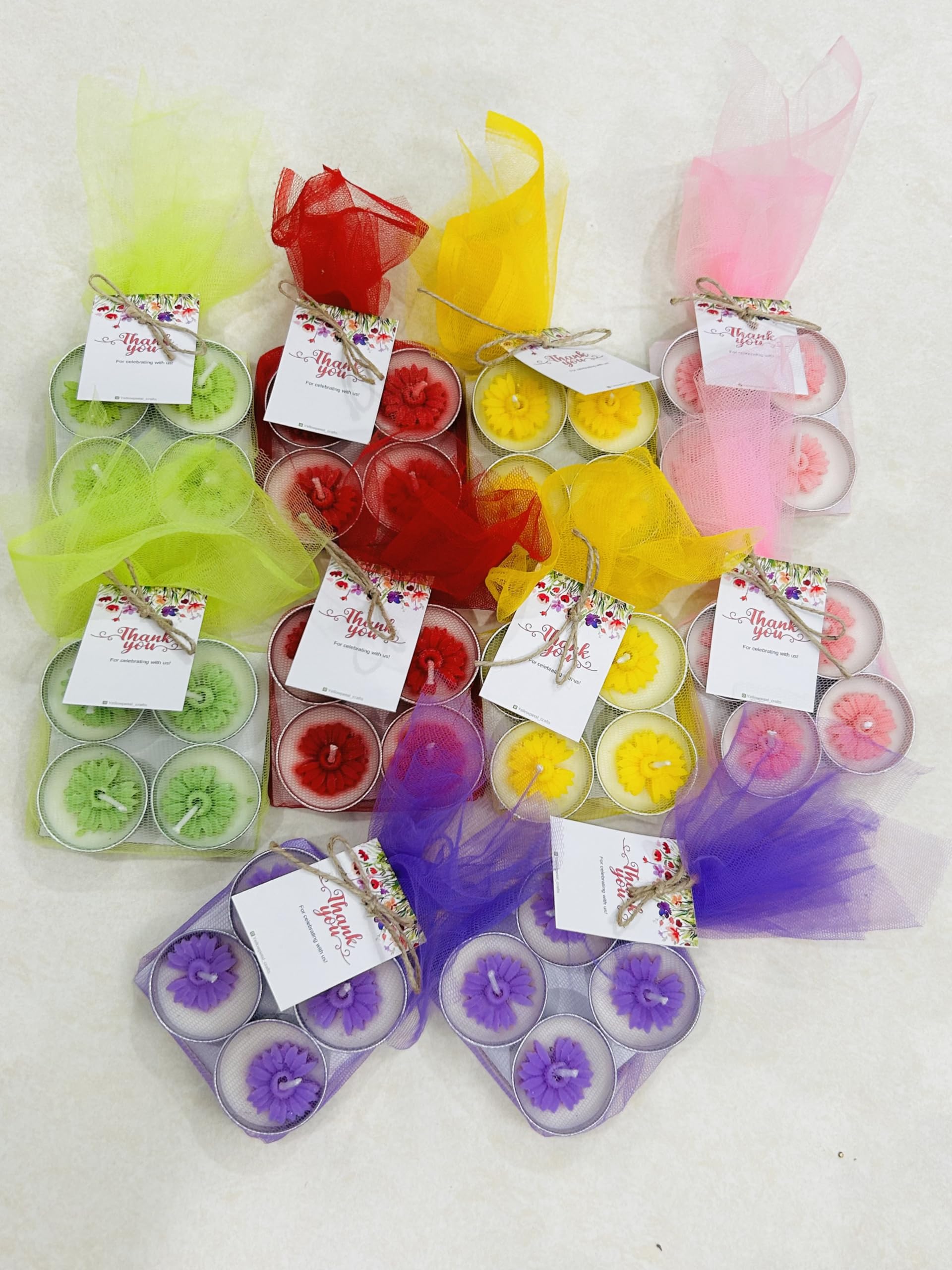 Yellow Petal Flower Tealight Candles Gift Set, Vanilla Scented, (Multi Colour) Packed in net with tkank You Tag (10 Set)