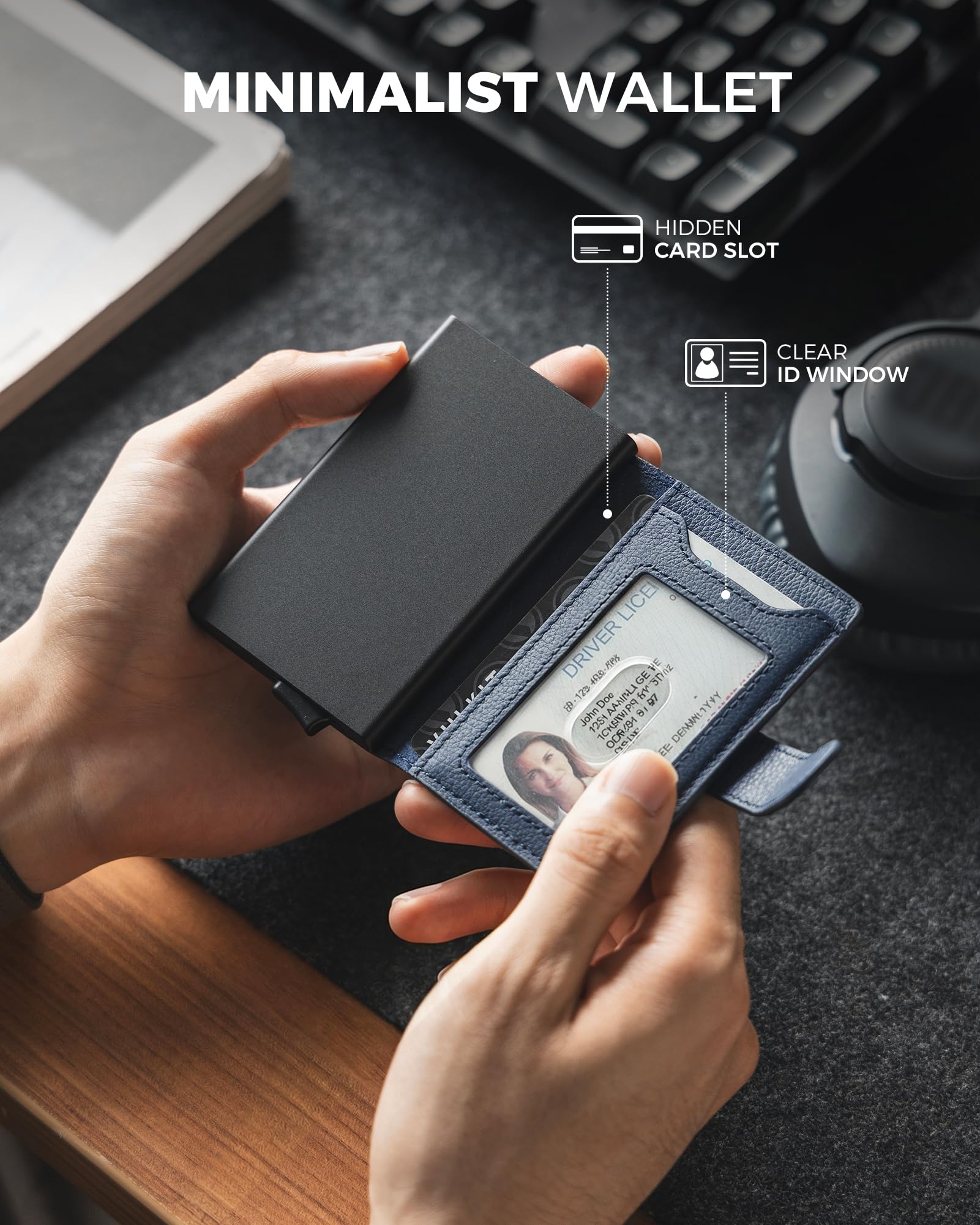 VULKIT Tarjetero Hombre Piel Genuino RFID Bloqueo con Cierre Magnético Carteras para Hombre Metalico Porta Tarjetas con 3 Ranuras y 1 Ventana DNI, Litchi Azul Marino
