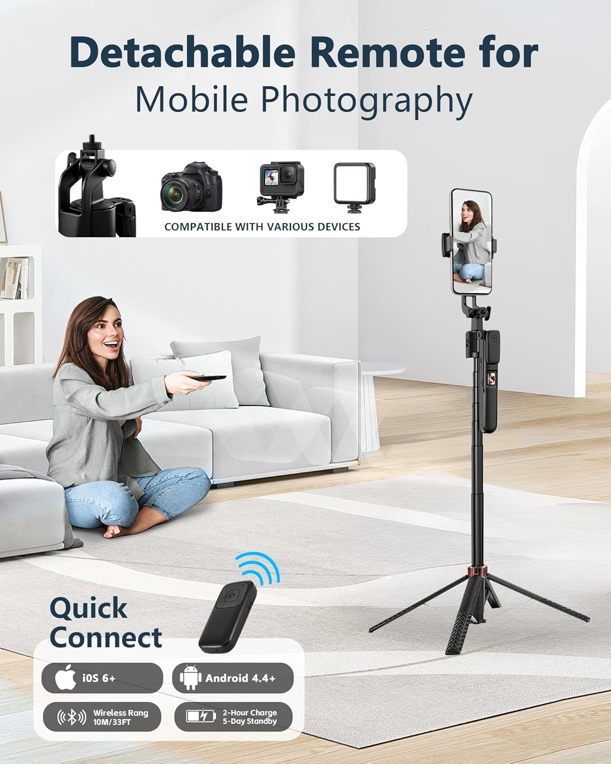 Auto-Face Tracking Tripod, 70" Selfie Stick Tripod with Remote, Phone Tripod for iPhone and Android, 360° Rotation & Gesture Control for Hands-Free Selfies, Vlogs, and Live Streams