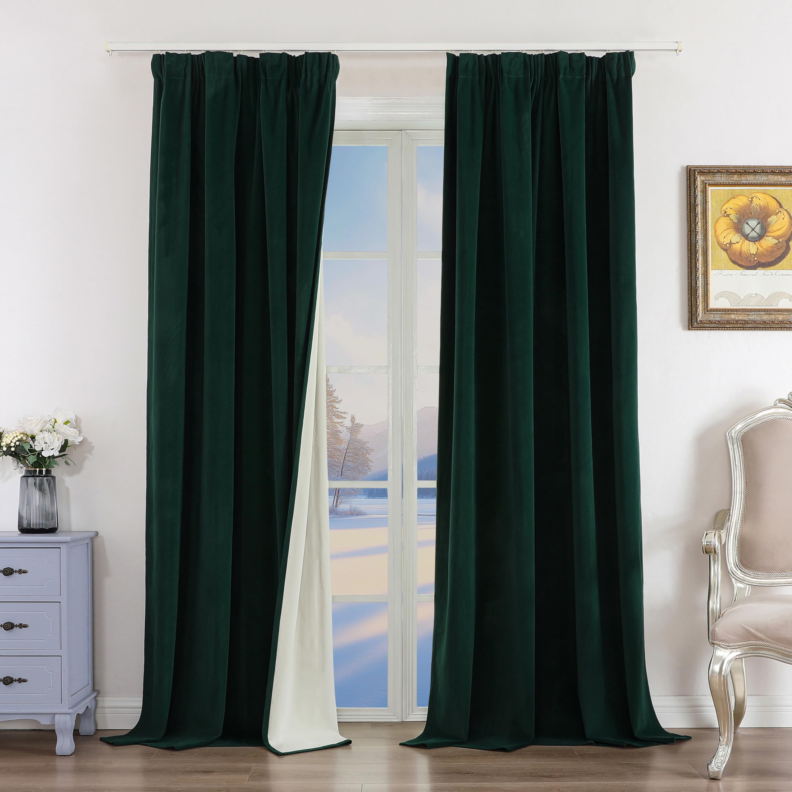 Joydeco Cortinas Salon 100% Opacas 2 Piezas An 132 x Al 245 cm Verde Oscuro Terciopelo Aislamiento Térmico Cinta Fruncidora Cortina Dormitorio Suaves y Elegantes 330g/㎡
