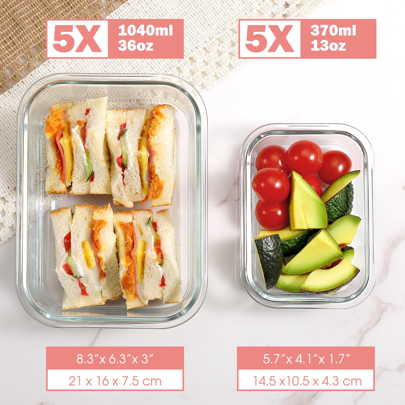 YASHE 10 Piezas Recipientes de Vidrio con Tapas Herméticas, Reutilizables, Apto para Microondas, Horno, Congelador y Lavavajillas, Sin BPA, Fiambrera Cristal, Rosa