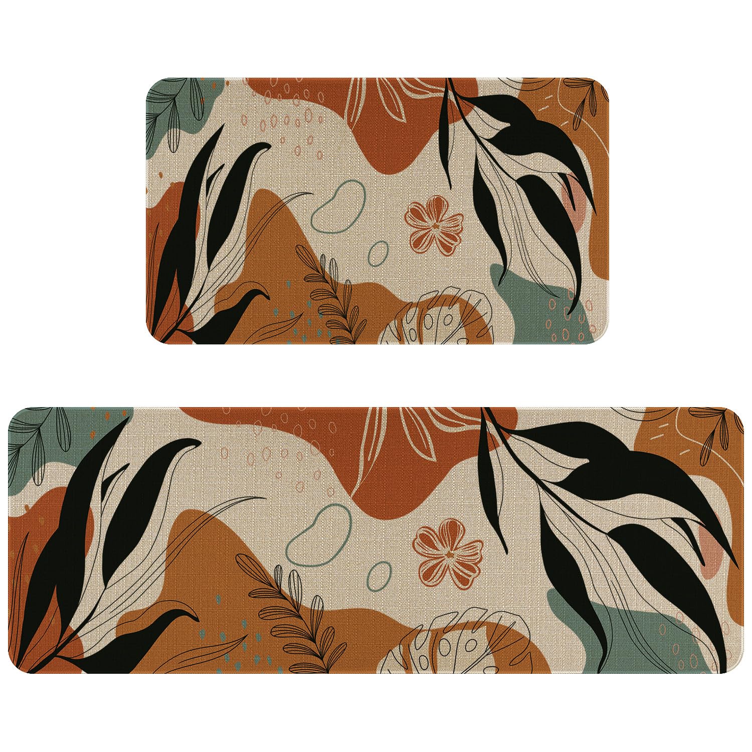 Eikunn Boho Mid Century Modern Kitchen Rugs and Mats Set of 2,Farmhouse Style Abstract Tropical Leaf Kitchen Mat for Floor,Non-Slip Washable Kitchen Sink Mats Decor Doormat+Runner Rug