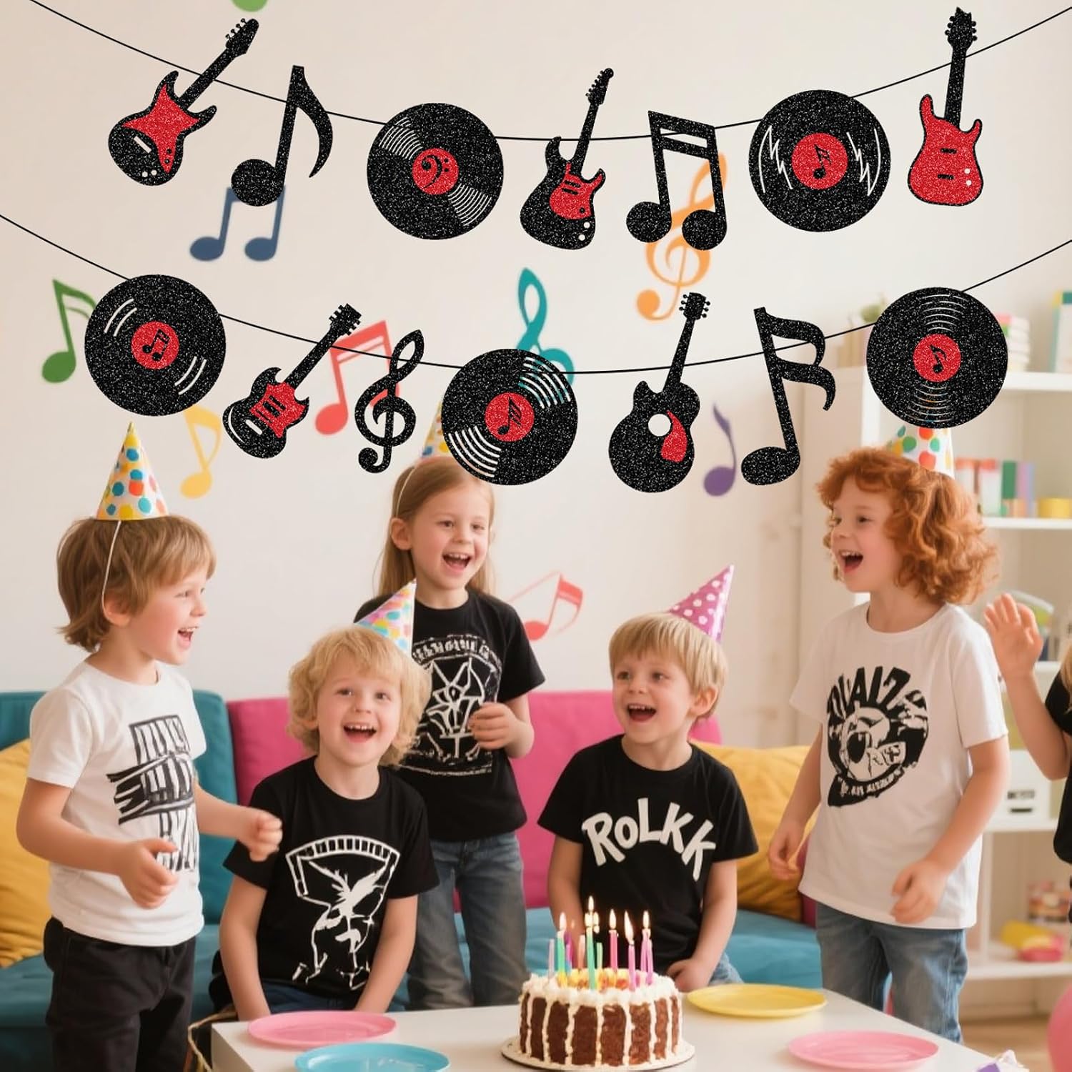 Music Themed Party Decorations Banner Guitar Birthday Decorations Music Notes Garland Hanging for 80s 90s Party Decor
