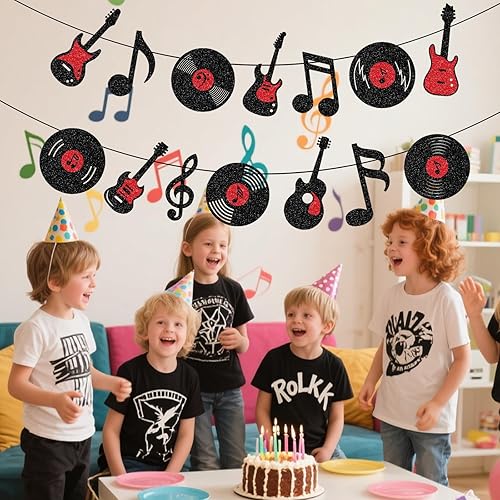 Miniatura 4 de Decoraciones de fiesta temática musical, banderines de guitarra, decoraciones de cumpleaños, notas musicales, guirnalda colgante para decoración de