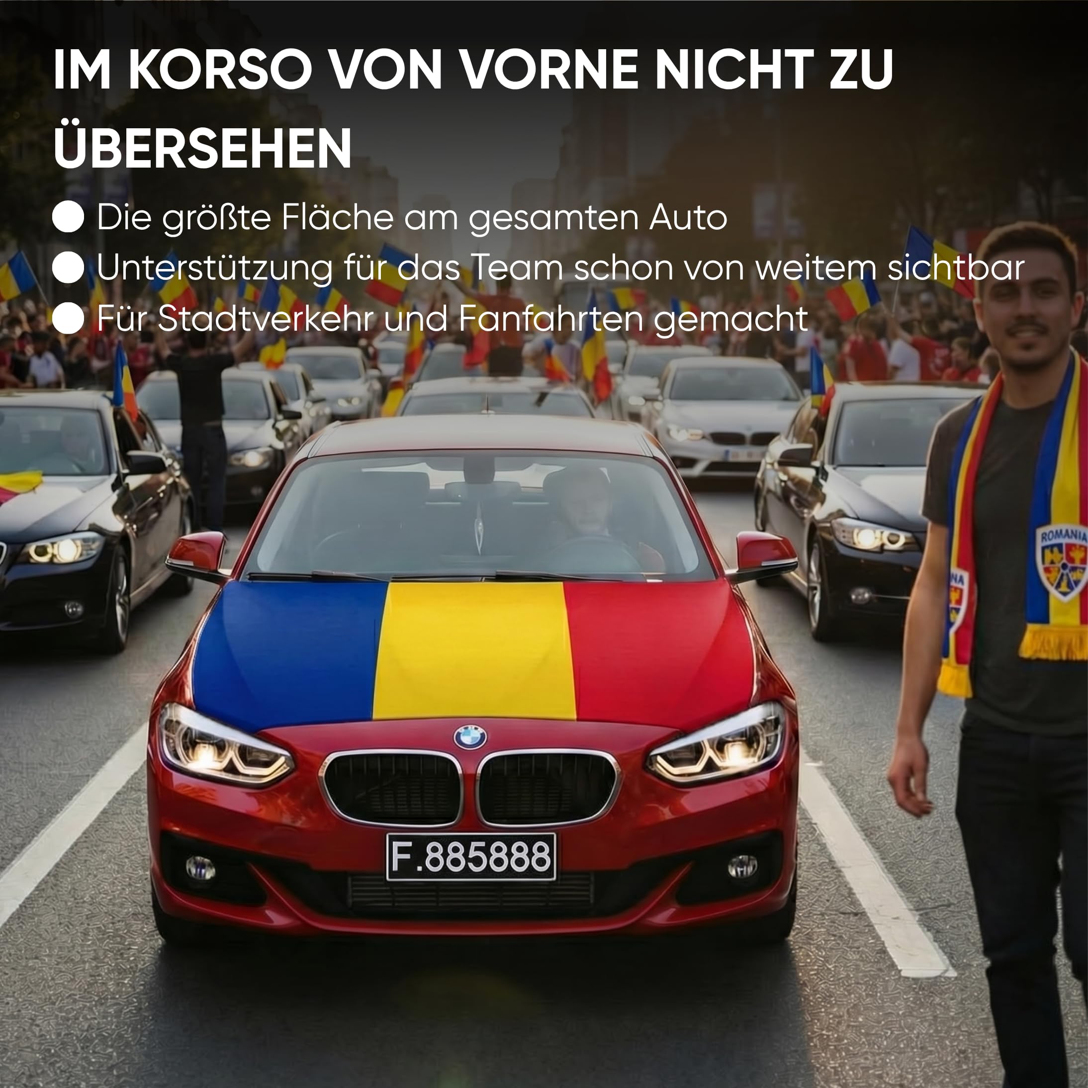Auto Fahnen Rumänien Komplett Set - Motorhaubenfahne, 2 Autofahnen Fenster & 2 Außenspiegelfahnen, Fußball Fanartikel FZG für EM & WM, Rumänische Flagge Fahrzeug Deko