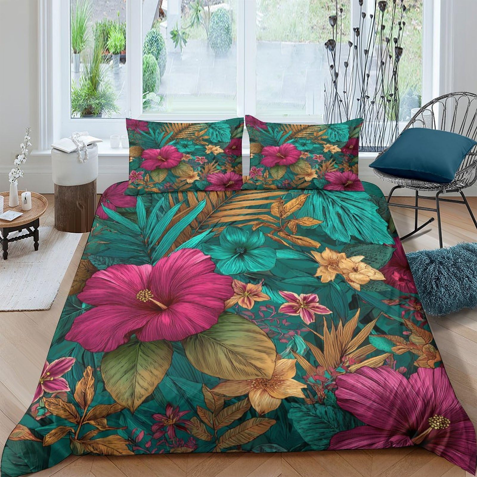 Ctjqhvkz Style-3 3D Printed Tropical Hibiscus Fitted Sheet Microfiber Soft Botanical Jungle Mattress Cover For Bedroom Guest Room Decor Single（135X200cm）