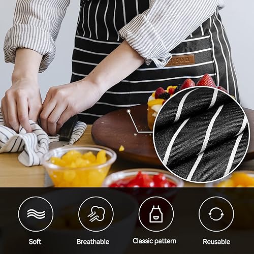 Miniatura 6 de Riqiaqia Paquete de 2 delantales para mujer con bolsillos delantal de chef suave para hombre delantales ajustables para cocina cocina barbacoa rayas