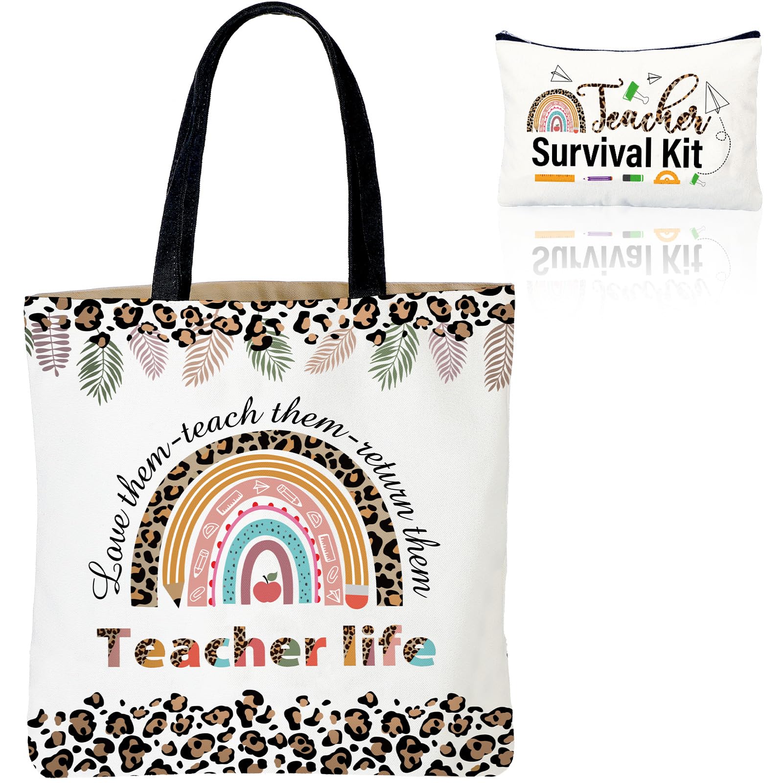 Buryeah 2 Pcs Valentine Teacher Appreciation Gift for Women Canvas Tote Bag with Makeup Bag Thank You Gift from Student | 2 Pcs, with Makeup Bag,