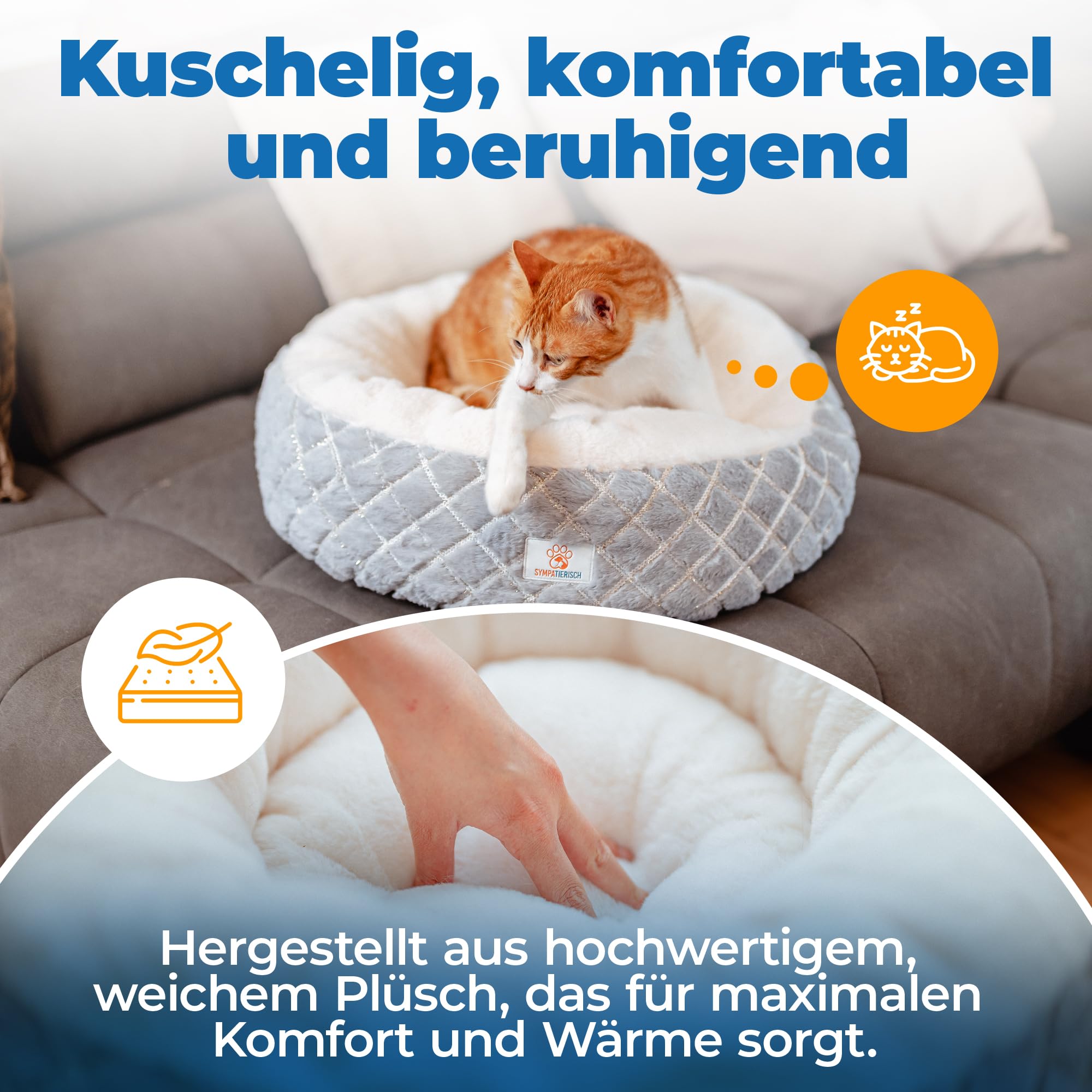 Katzenbett [beruhigende Wirkung] - Rundes, flauschiges Kissen für deine Samtpfote - Katzenkissen, Katzen-Körbchen, Kuschelbett waschbar, Katzenschlafplatz-Bettchen, Katzenbettchen | 55x55x20 cm