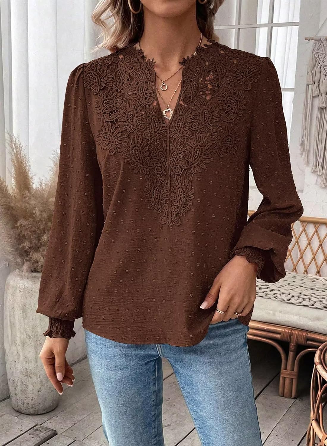Womens Tops Swiss Dot Boho Long Sleeve Shirts V Neck Casual Chiffon Blouses Flowy Lace Hem Cute Clothing Trendy 2026 - Image 4