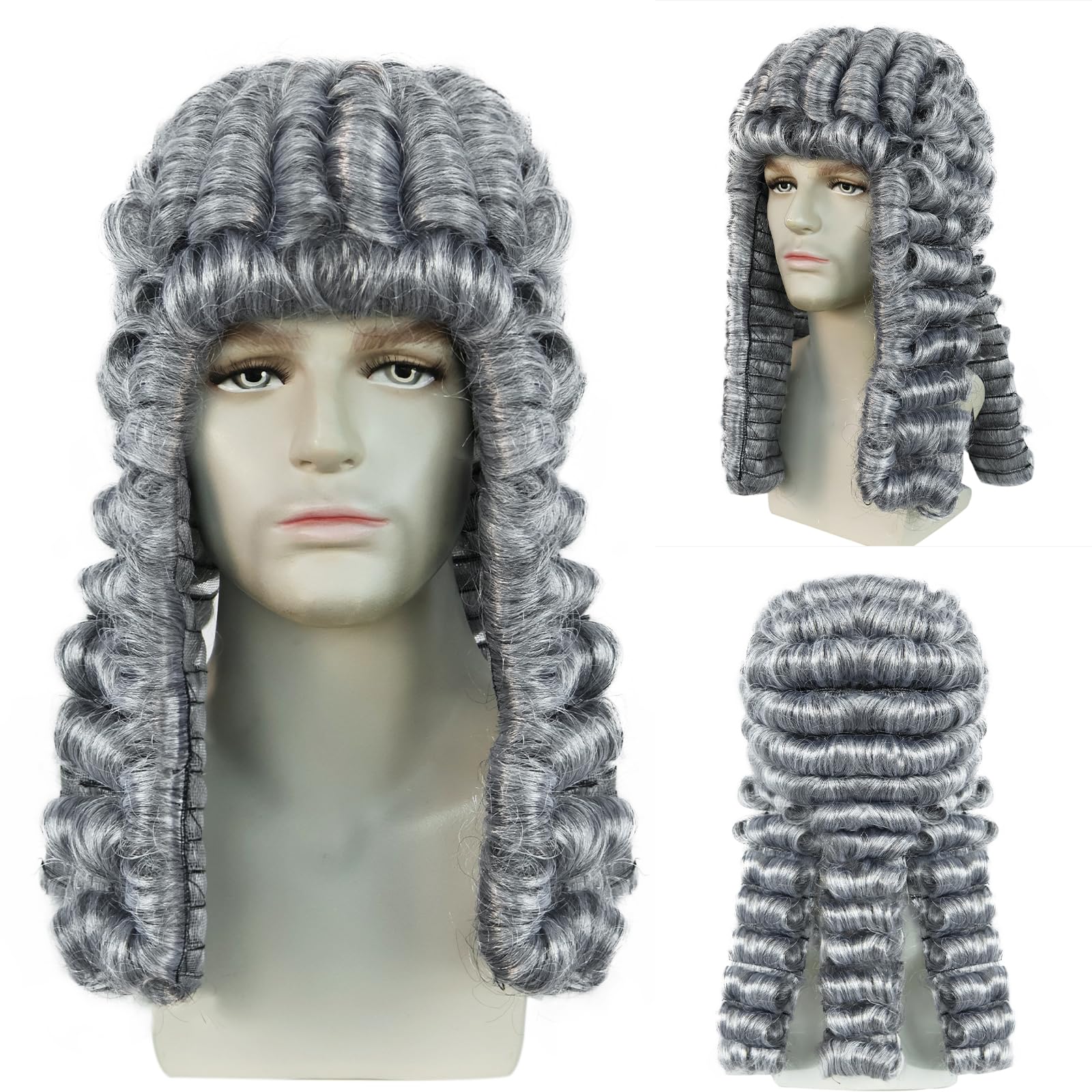 BECULINA Grey Lawyer Wig Judge Wigs for Men with Hair Cap Grey Curly Wigs for Male Wavy Hair for Halloween Men's Colonial George Washington Wig for Christmas Halloween