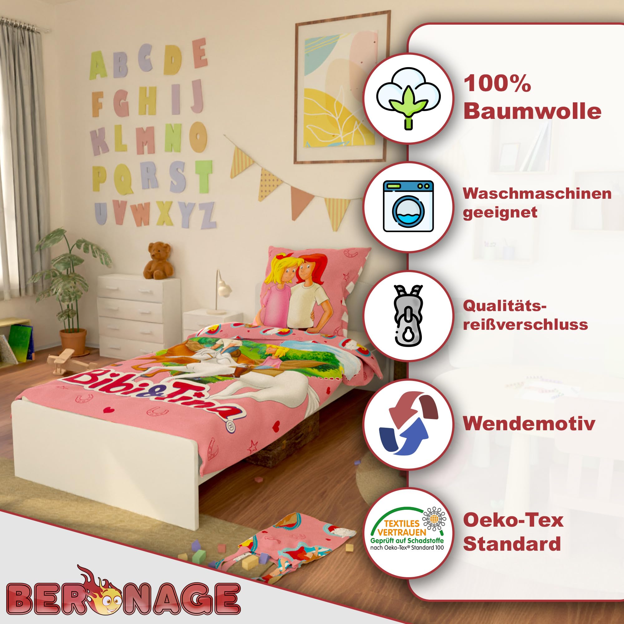 BERONAGE Bibi und Tina Kinder Wende-Bettwäsche Herz 135 x 200 cm + 80 x 80 cm - 100% Baumwolle Linon Renforcé Bibi Blocksberg Martin Pferde-Bettwäsche Sabrina Amadeus Deutsche Größe Reißverschluss