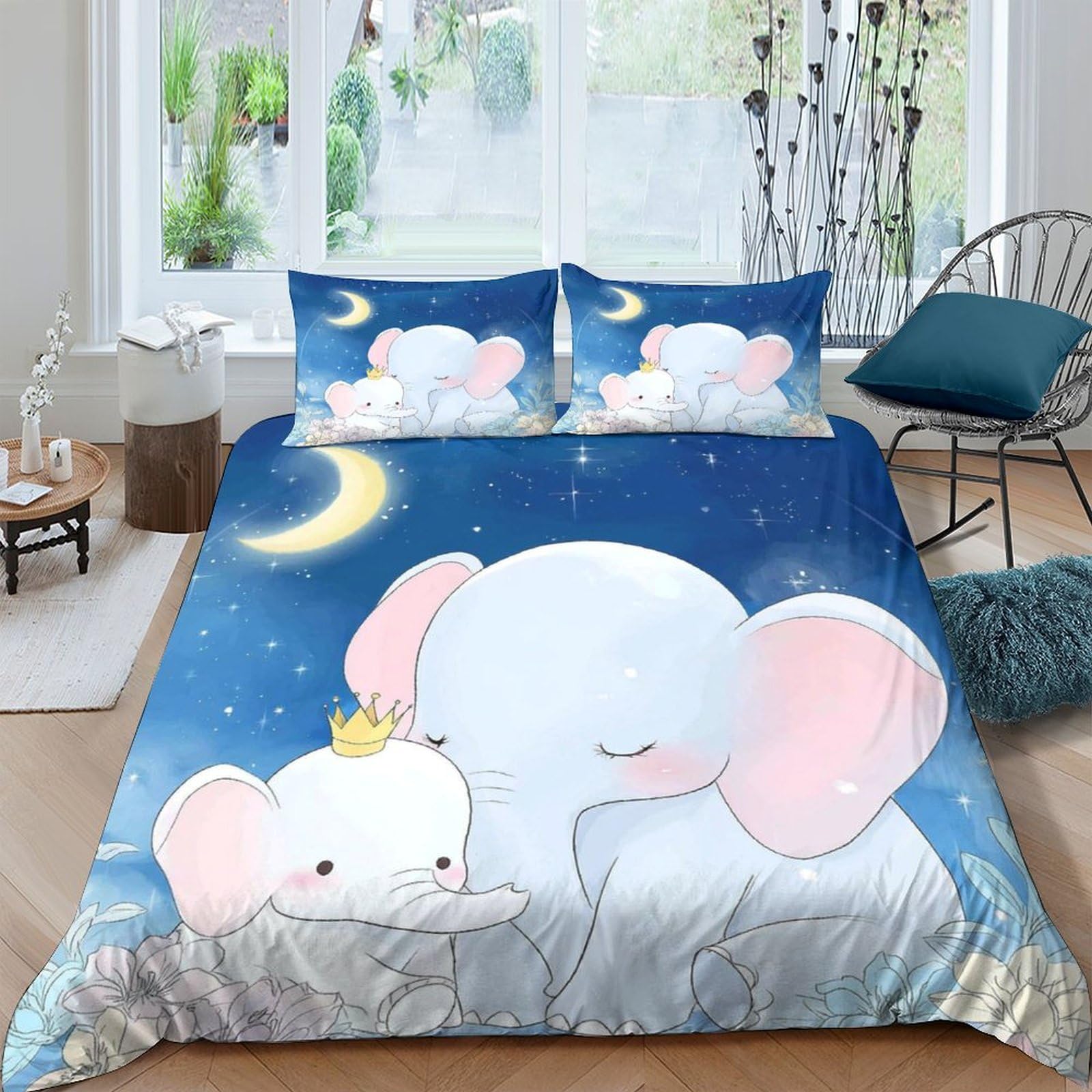 Ctjqhvkz Style-6 3D Printed Cartoon Elephant Moon Fitted Sheet Microfiber Soft Blue Sky Mattress Cover For Bedroom Guest Room Decor Single（135X200cm）
