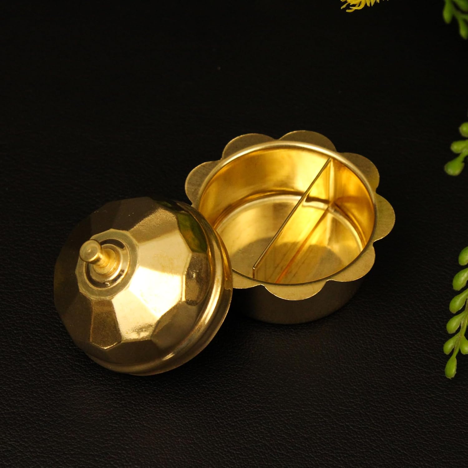 Putrika Brass Box Pooja | Puja | Roli | Chawal | Chandan | Haldi | Kumkum Puja Box | Sindoor | Turmeric | Dabbi | Dibbi | Dhani | Dani Lid Holder - Kohiri Kumkum image 2