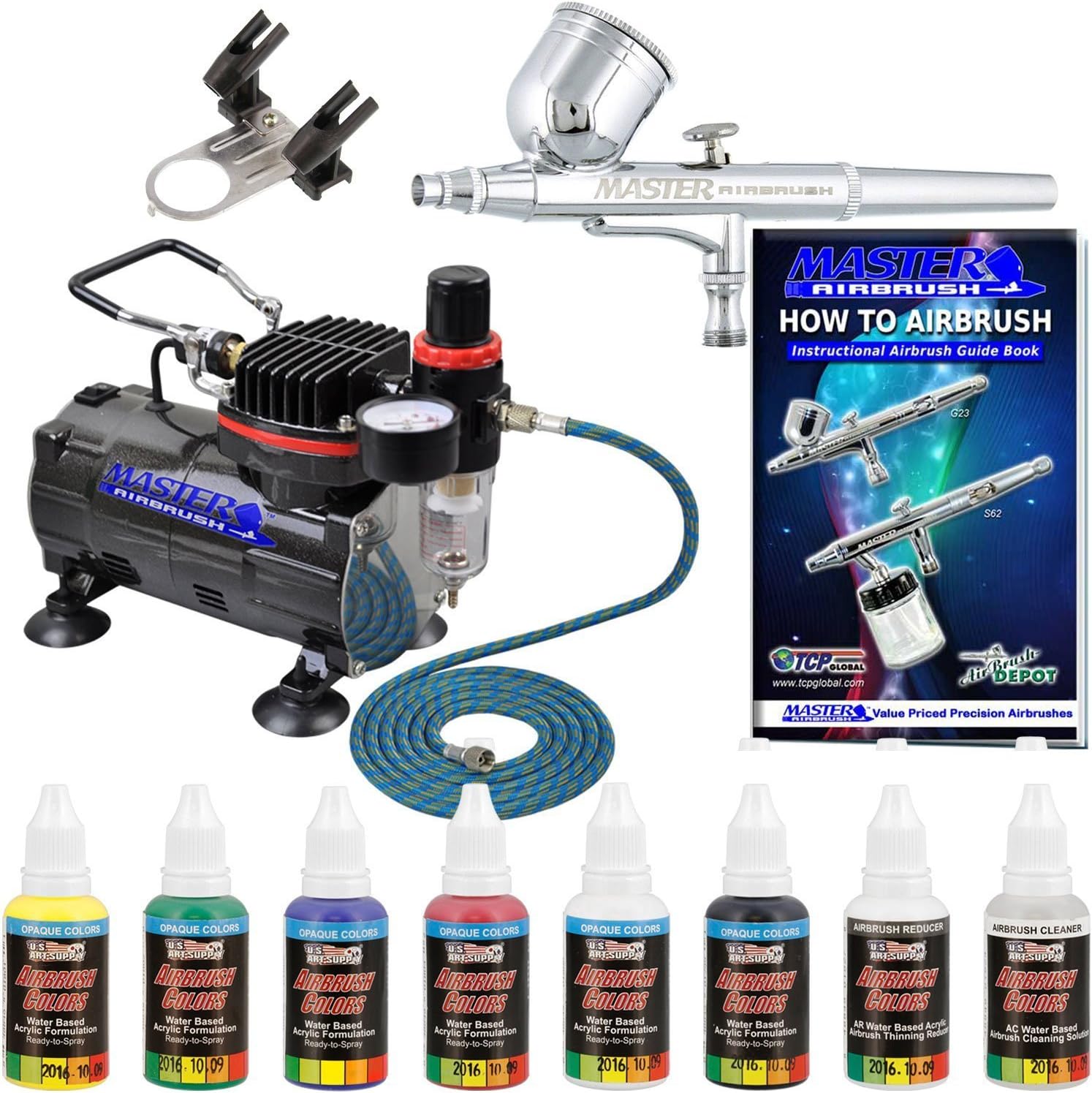 Multi-Purpose Air Brush Kit with Air Compressor - U.S. Art Supply 6 Primary Opaque Colors Acrylic Paint Artist Set - G22 Gravity Feed Airbrush and Compressor