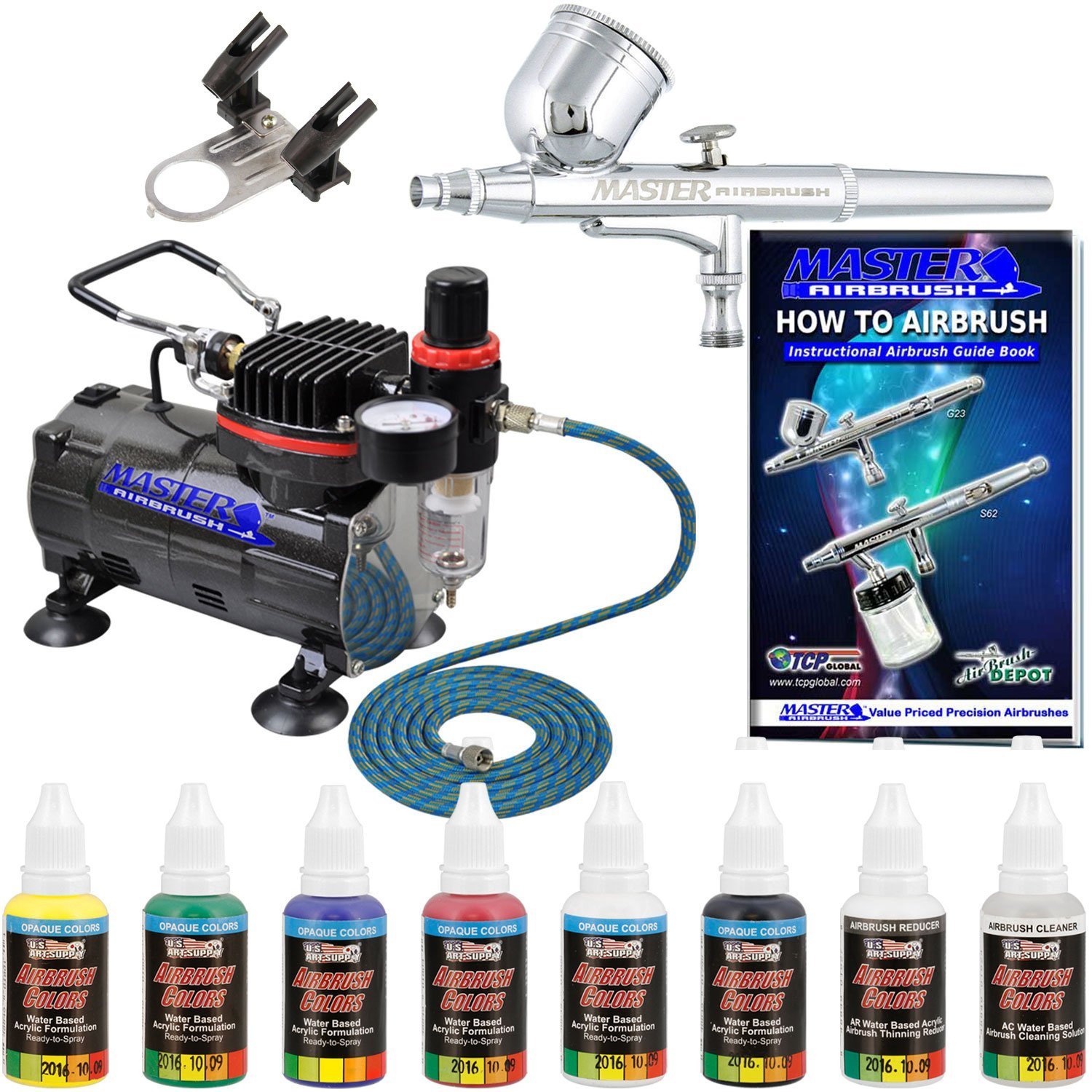 Master Airbrush Multi-Purpose Air Brush Kit with Air Compressor - U.S. Art Supply 6 Primary Opaque Colors Acrylic Paint Artist Set - G22 Gravity Feed