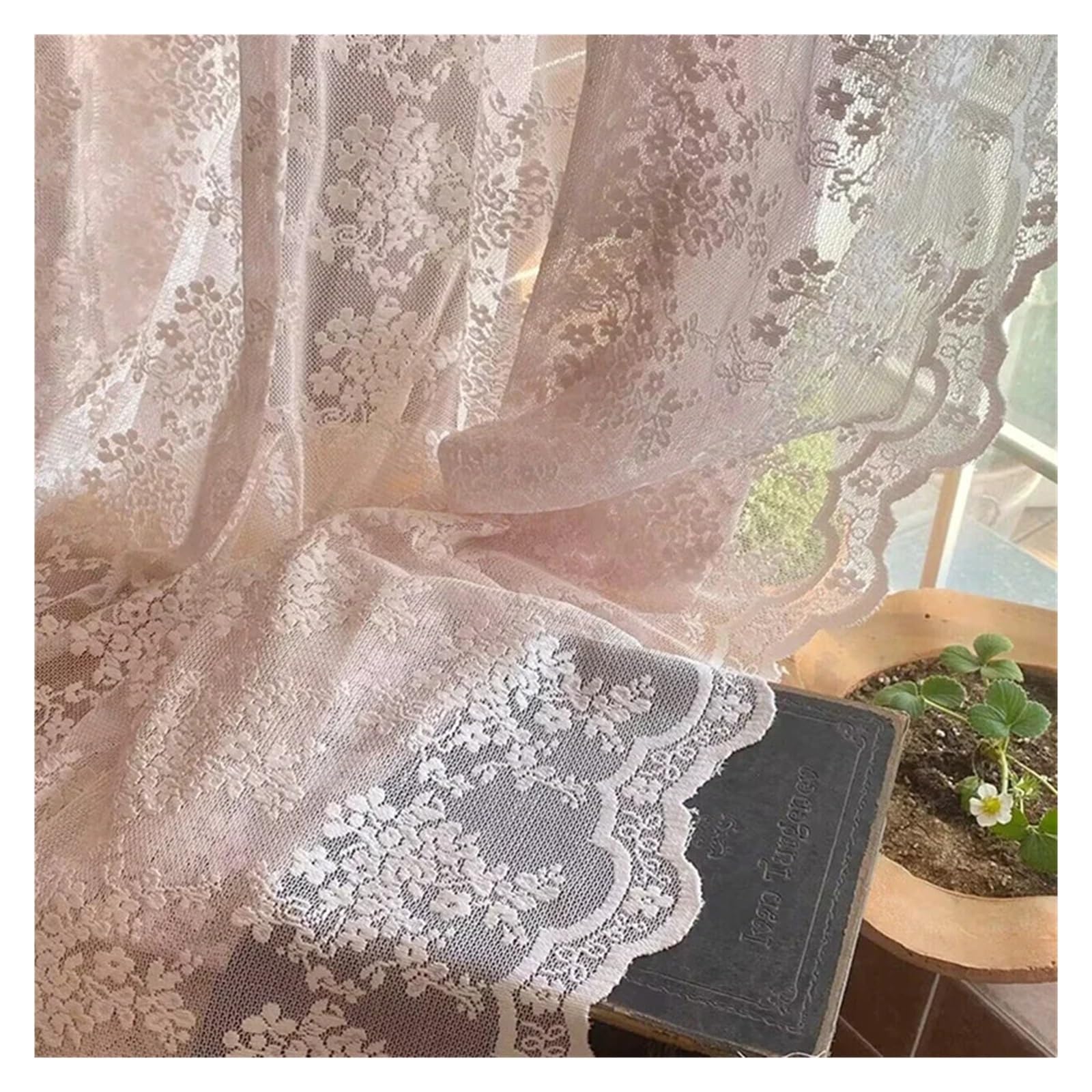 DFGRGRV Ruffle Curtains Sheer Curtain French Romantic Jacquard Living Room Window Curtains Lace Macrame Tulle For Bedroom(W167xH182CM)