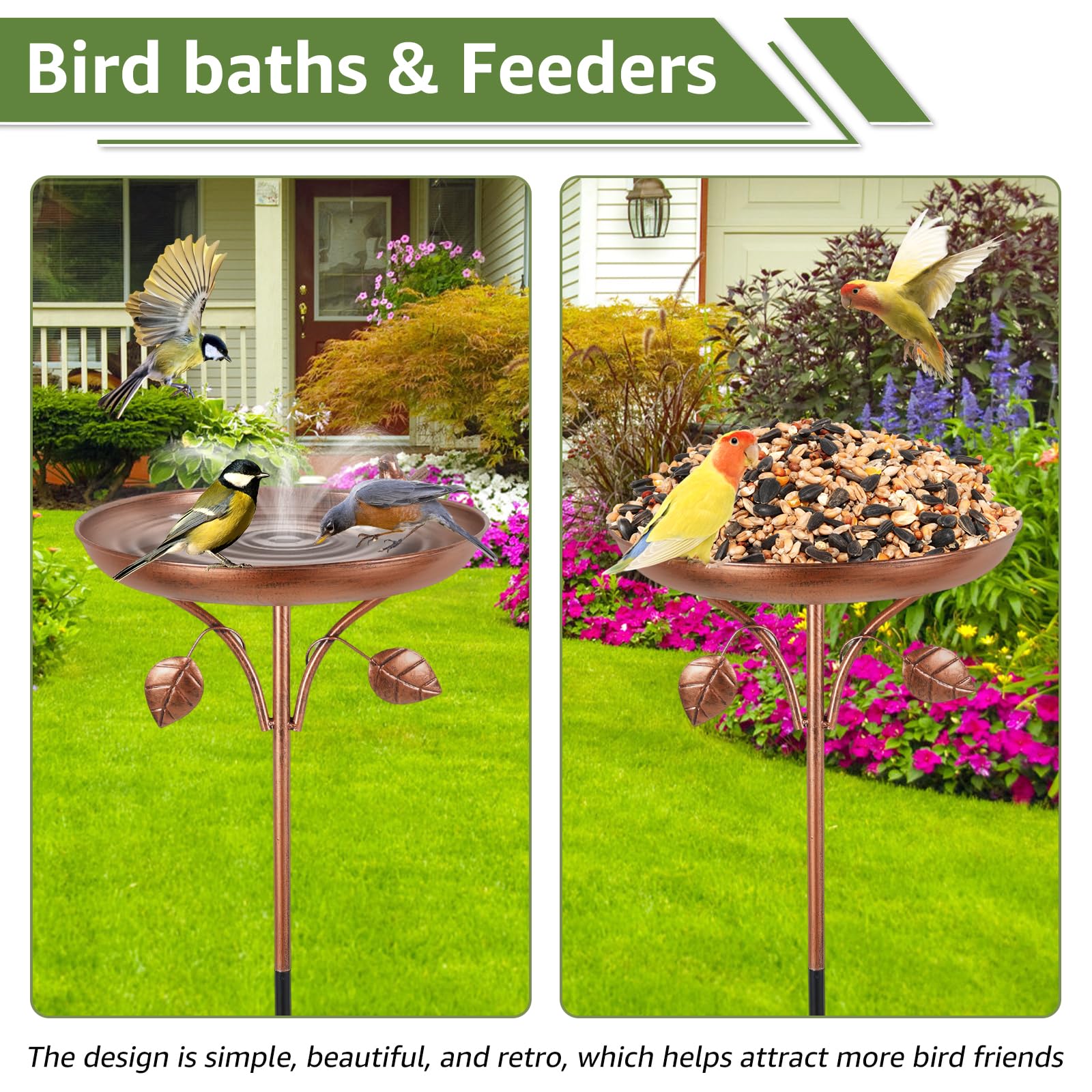 Bain d'oiseaux debout avec fontaine solaire pour extérieur, Φ 30 cm, vintage, en métal, ultra inoxydable, robuste, durable, vintage, résistant au gel, grand pour balcon, jardin
