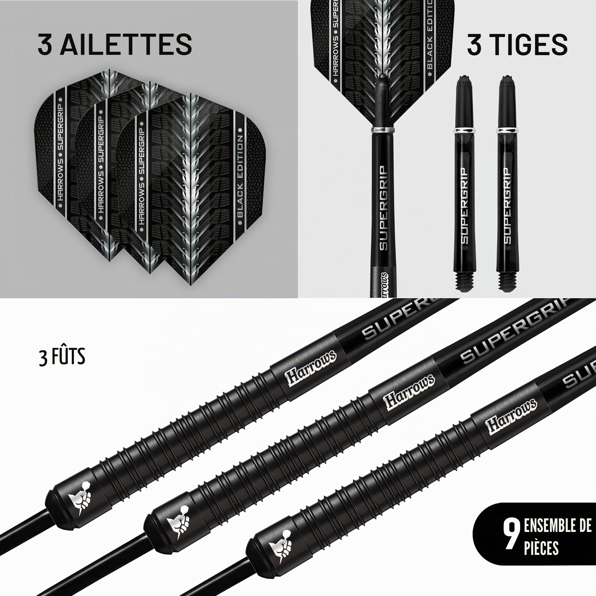 Harrows Supergrip Black 90% - Fléchettes Pointe Acier 22g