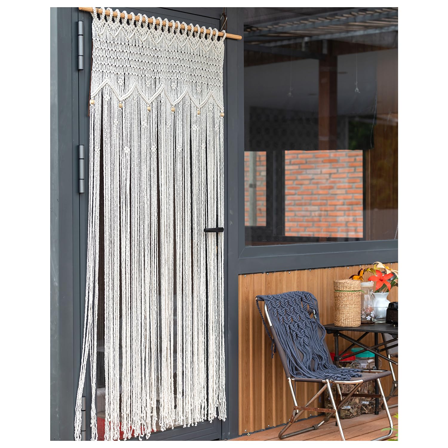 Equeen Handicraft Macrame Door Curtain for Doorways 70x39 Inches, Boho Net Fly Screen Curtain for Summer, Handmade String Room Divider for Bedroom Living Room, Patio Doorway Decor, Beige