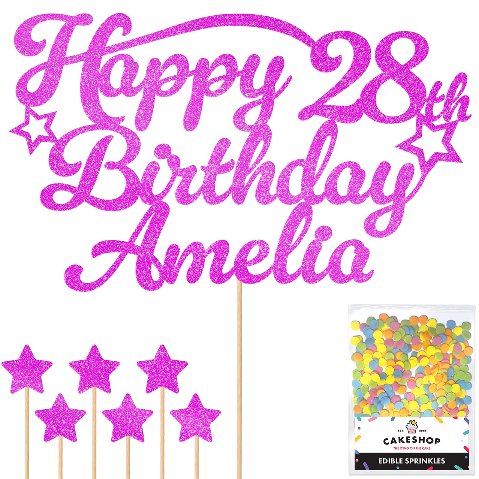 Personalised Happy Birthday Glitter Cake Topper with Stars - Pink Any Name & Any Age Glitter Cake Decoration and Sprinkles - Happy Birthday Decorations - Personalised Toppers for Cakes by Cakeshop