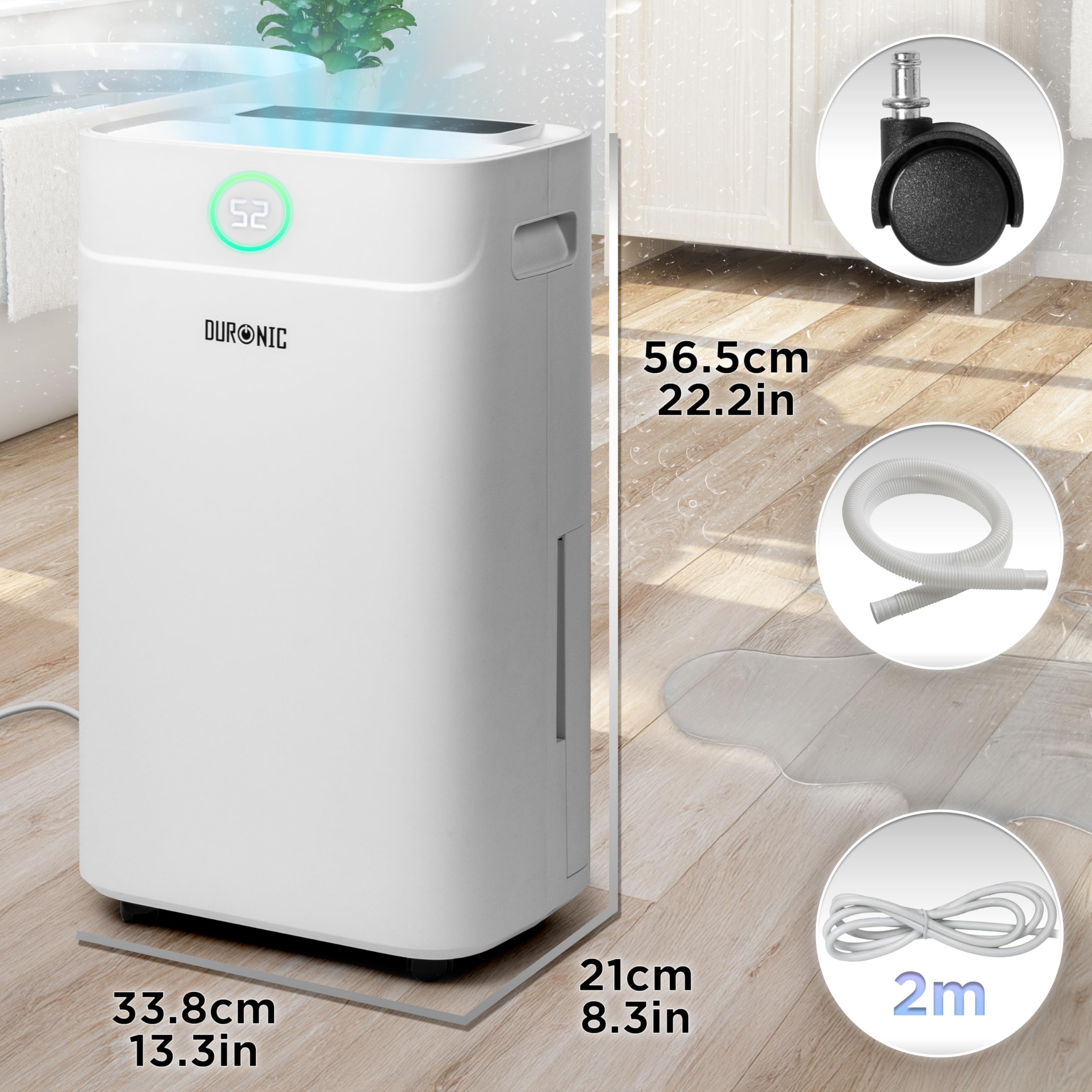 Duronic DH201 Deshumidificador 440 W hasta 20 L al Día, Depósito de 5,1 L | Drenaje Continuo, Temporizador 1-24 h, Control de Humedad 30-80%, Secado de Ropa, Silencioso 48 dB, con Ruedas, Hogar