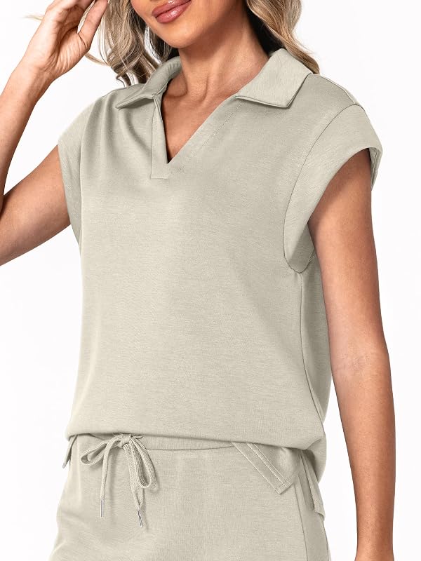 Casly Lamiit Womens 2 Piece Skort Set Summer Travel Outfits Short Skirt Dress Active Lapel Cap Sleeve Tops Casual Tracksuit Dark Beige S by Casly Lamiit - Used condition - Image 2