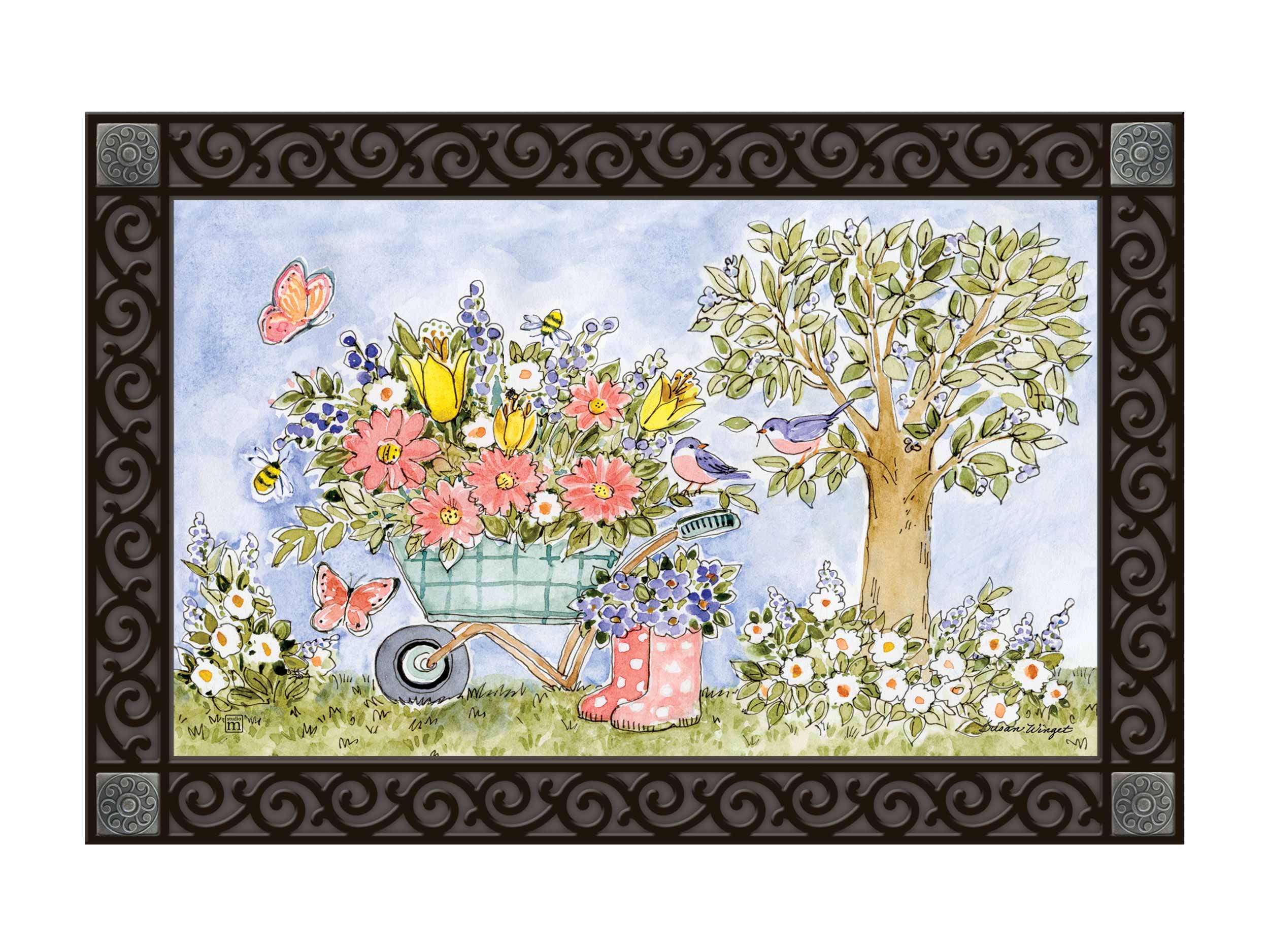 Studio MAll Weather Interchangeable Doormat Insert - 30x18 Inch Eco-Friendly Recycled Rubber Backing - Flower Cart