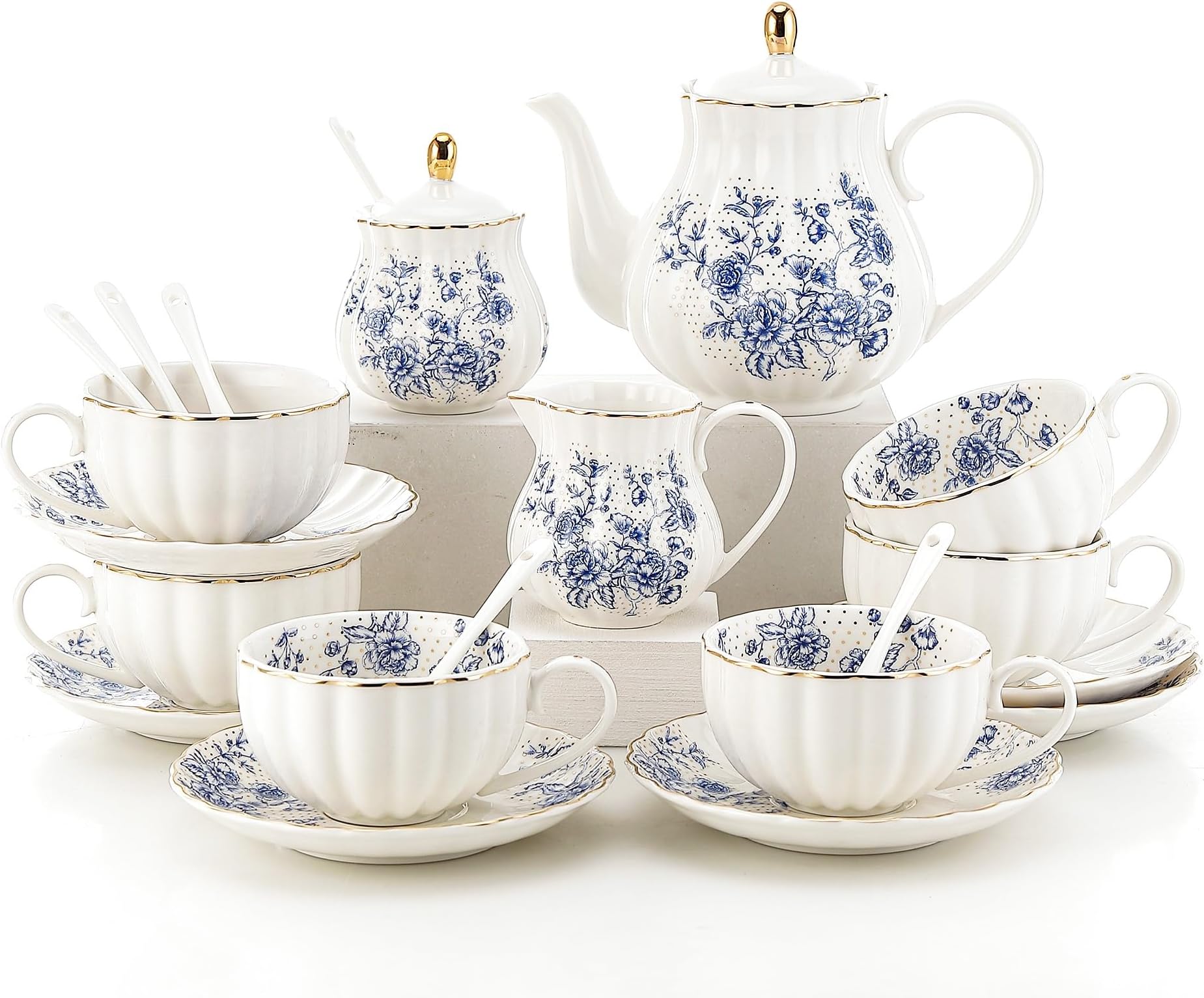 Bloosnow 22 Pieces Porcelain White Tea Sets for Adult,Gold British Tea Set for Women,European Tea Set for Party,White Coffee Cup (Blue), just right size, HFB0001P