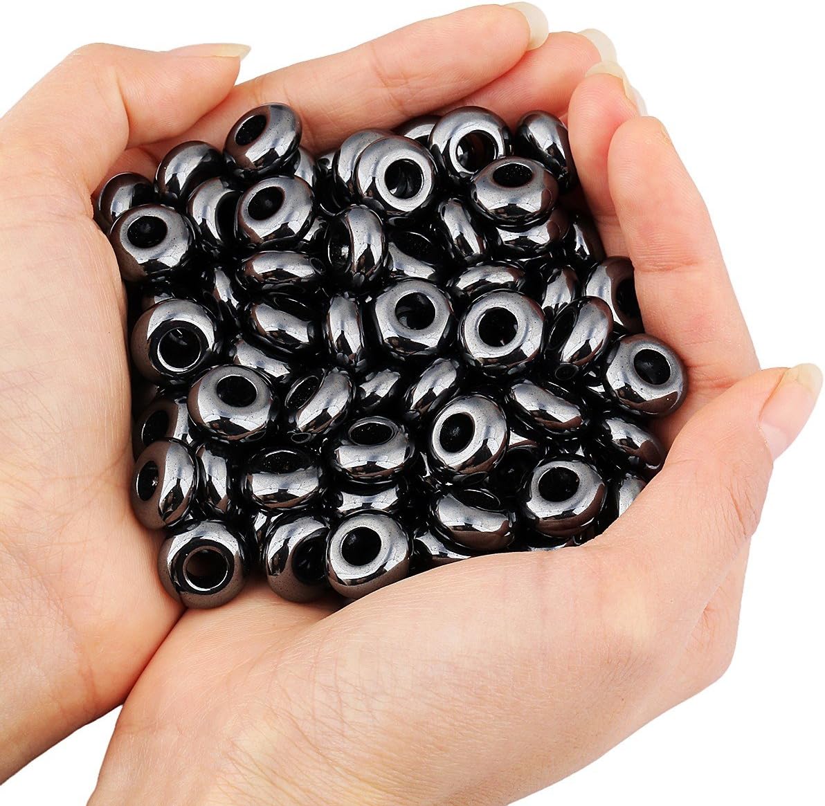 mookaitedecor 20pcs 14mm Natural Hematite Round Large Hole Gemstone Beads for Jewellery Making 6mm Hole Loose Rondelle Crystal Stone Beads for Crafting European Bracelet Macrame DIY Projects - Image 3
