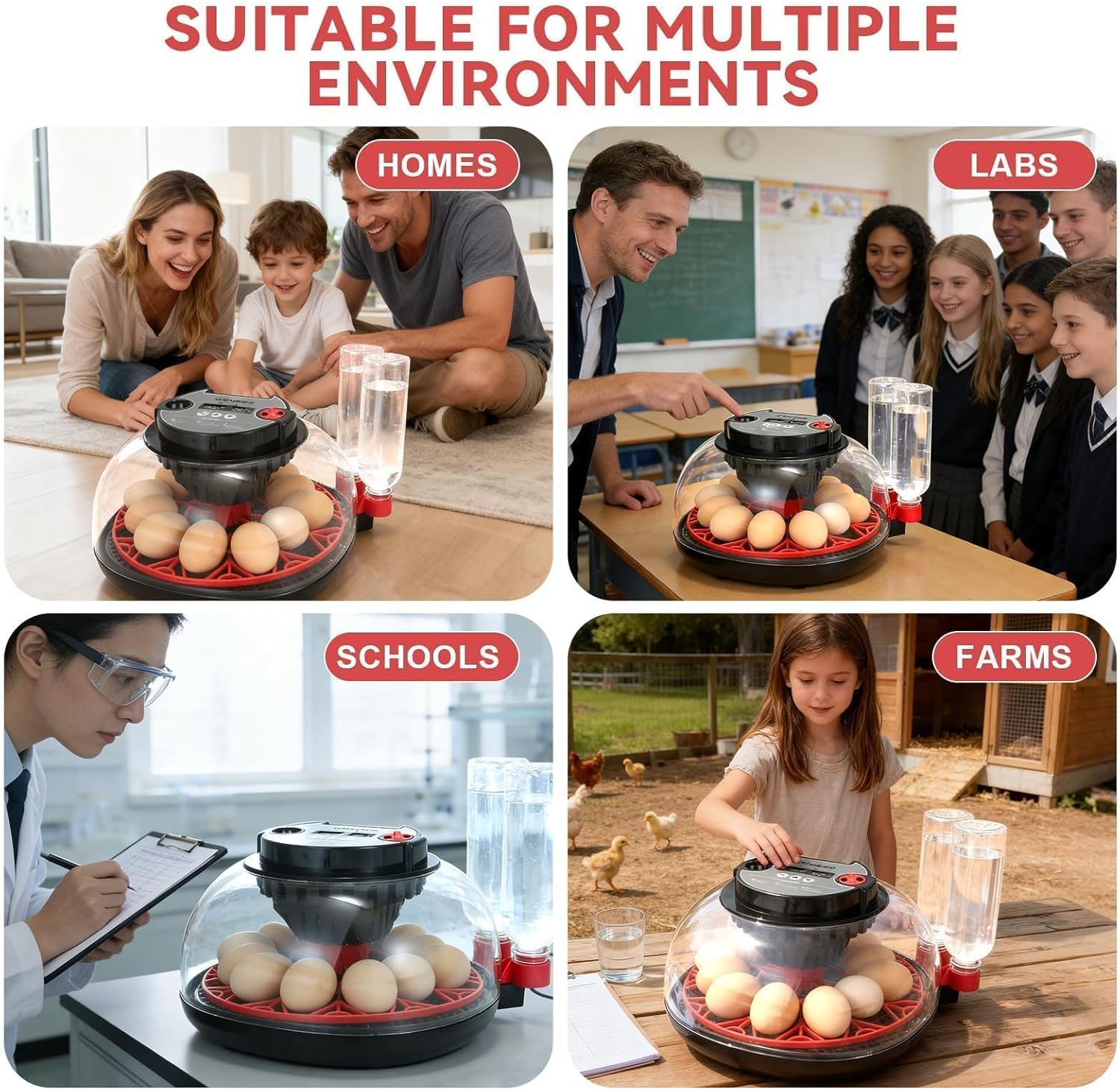 Series II - 12 Egg Automatic Incubator for Beginners, Smart Adaptive Humidity (Dual-Bottle) & Auto Temp Control, Auto Egg Turn, Real-Time Display, Candler, 360° View for Hatching Poultry Eggs