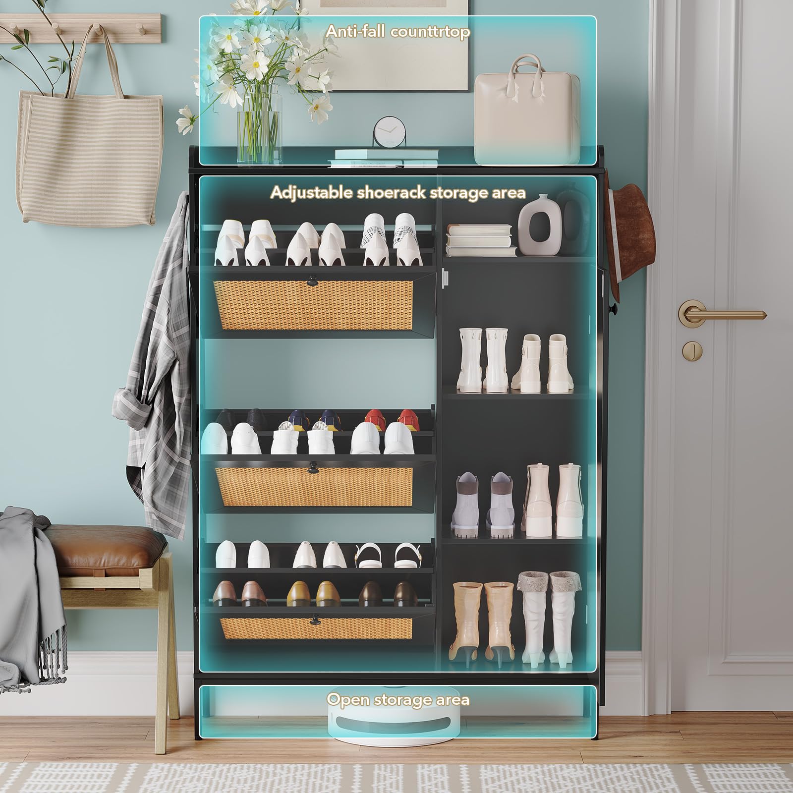 Mueble Zapatero de Ratán de 3 Niveles con Puerta Basculante, 3 Cajones Abatibles, Estantes Ajustables y Compartimentos Abiertos, Zapatero Entrada Recibidor Estrecho con Una Valla en la Parte Superior