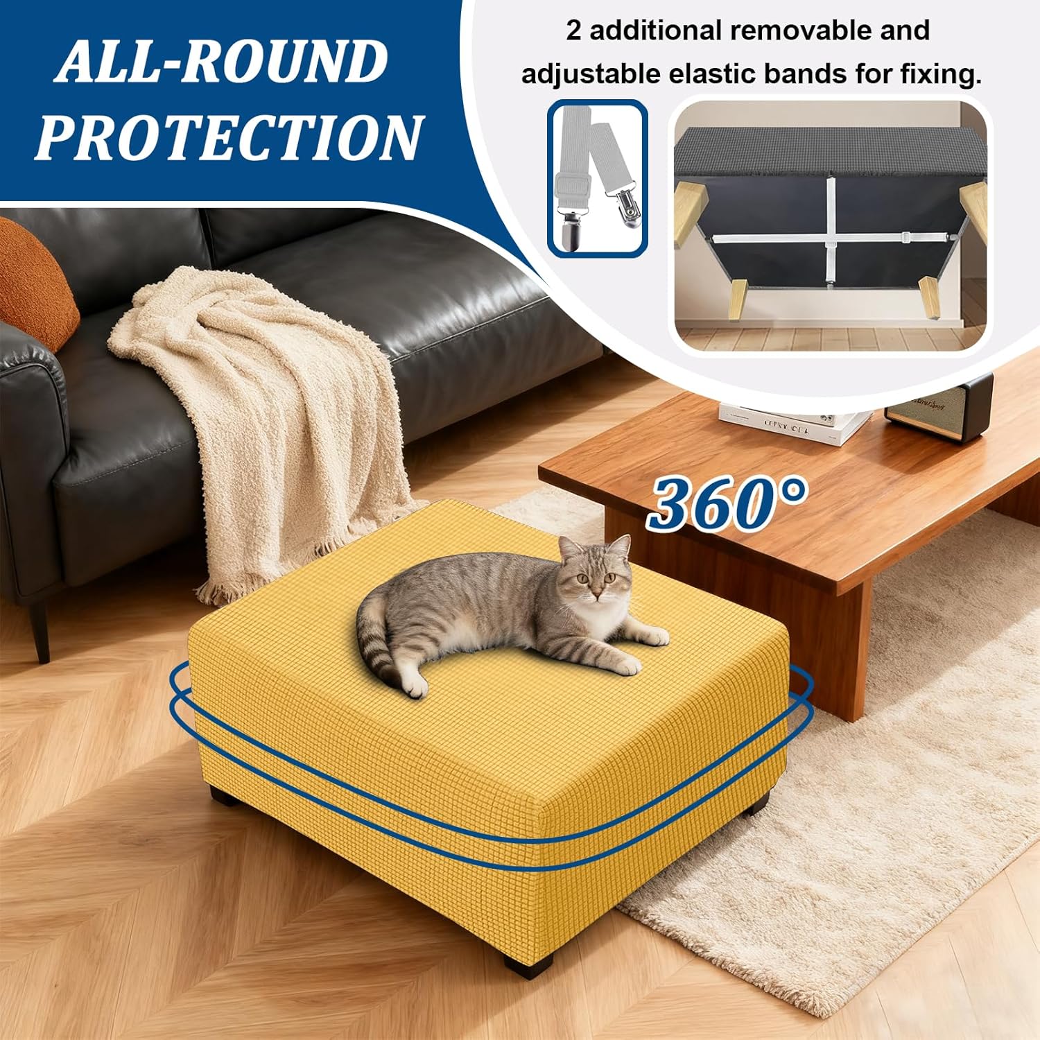 High Stretch Ottoman Cover Square/Rectangle, Folding Storage Footstool Slipcover Removable Footrest Stool Covers with 2 Straps (Gold,1pc Rectangle XL)