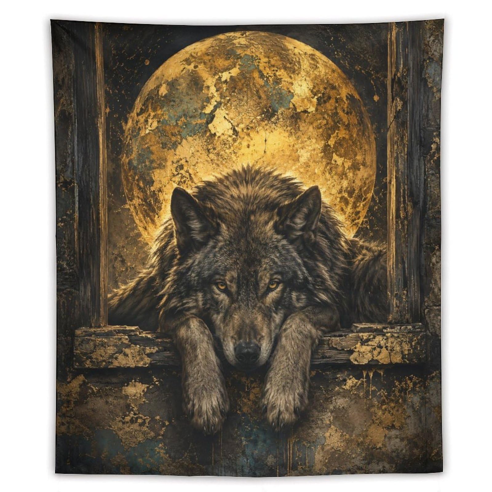 H3B8U2Y5 Black Wolf Golden Moon Wall Tapestry, Realistic Illustration Style