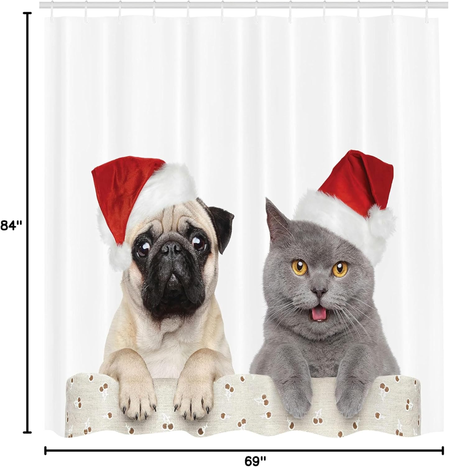 Ambesonne Pug Shower Curtain, Christmas Themed Animal Photography a Cat and Dog Wearing Santa Hats Print, Cloth Fabric Bathroom Decor Set with Hooks, 69" W x 84" L, Cream Grey