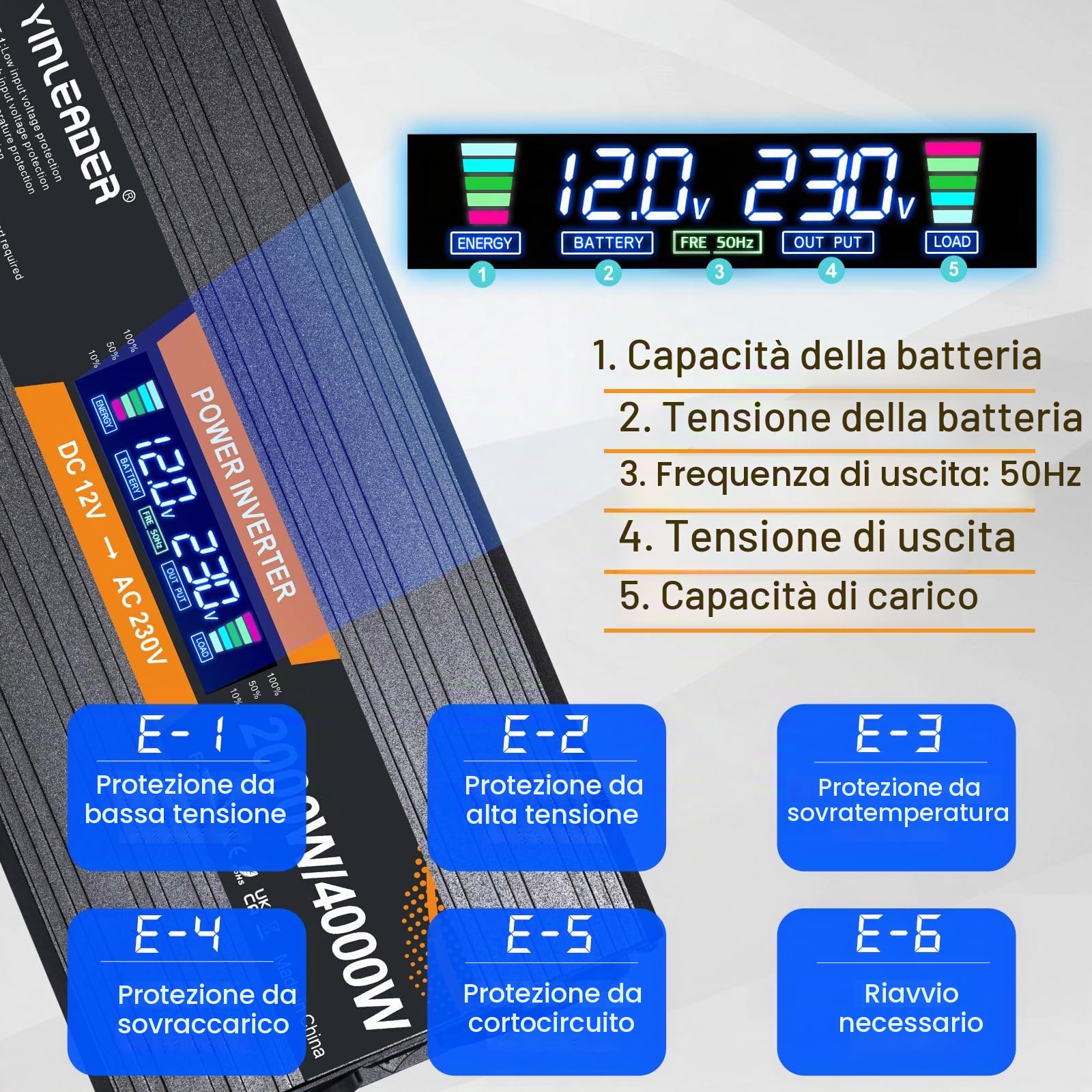 Yinleader Invertitore 12 V 230 V 2000 W con display LCD DC 12 V a 230 V AC potenza di picco inverter con 2 prese UE e porta USB per auto, campeggio, camion/4000 W