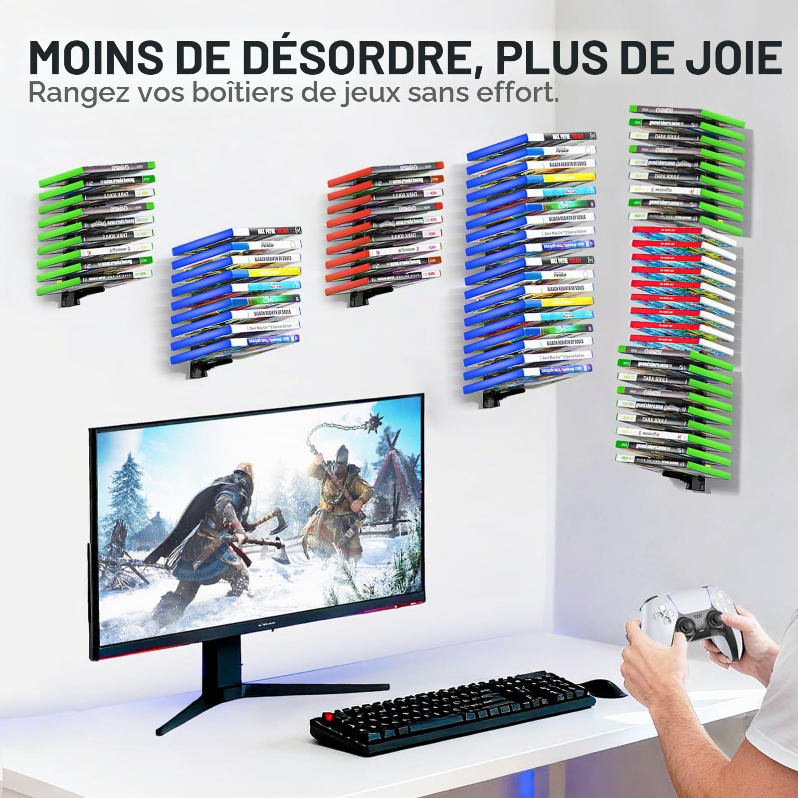 Support Mural de Rangement pour Boîtes de Jeux Vidéo, Rack à Jeux Universel pour Switch, Xbox 360/ Series X, Playstation 2/ 3/ 4/ 5, 3 Fentes Différentes pour Rangement Organisé et Stabilité Maximale