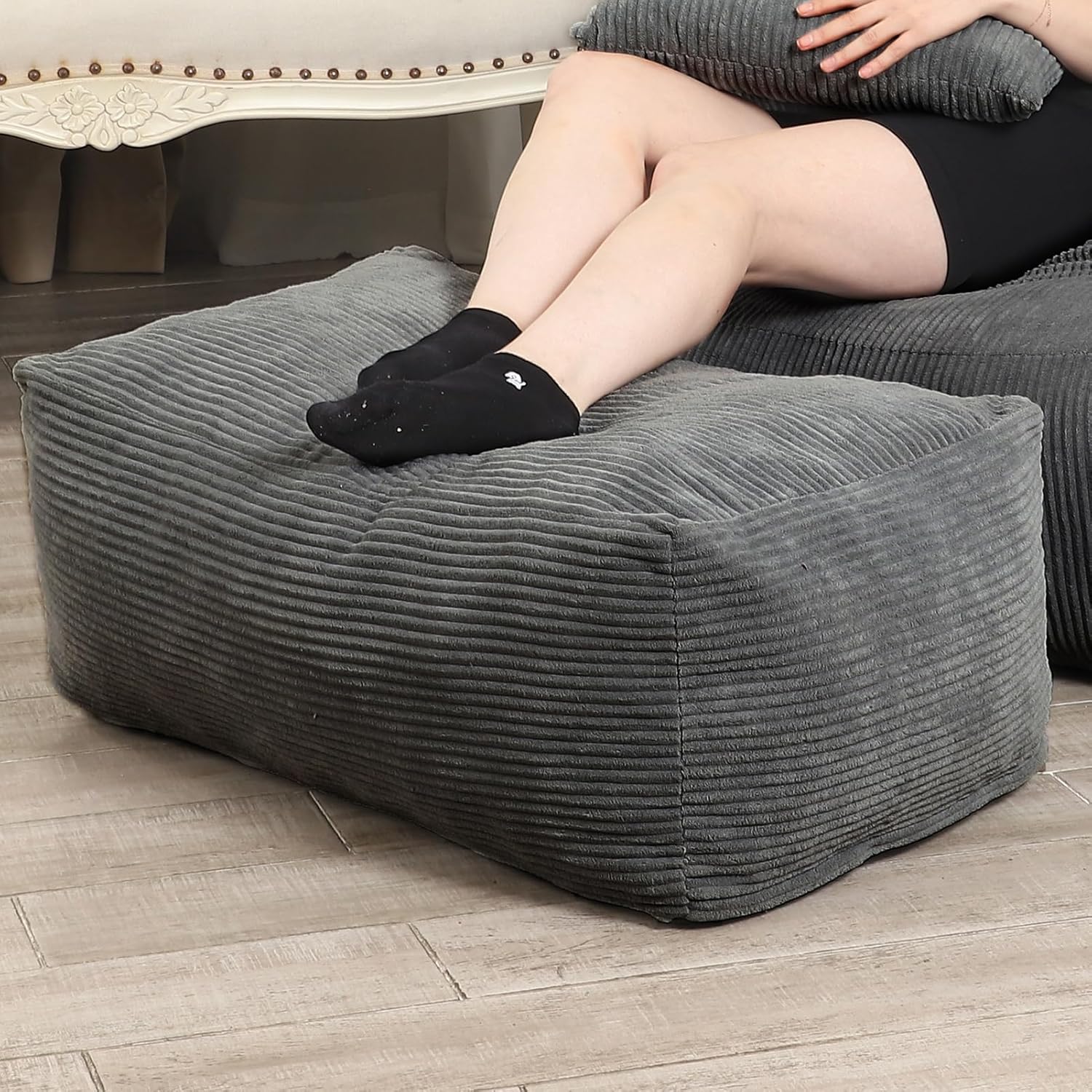 Square Pouf Ottoman, Comfy Lazy Floor Footrest with Memory Foam Filling for Living Room, Grey Grey 16.9"D x 31.5"W x 11.8"H