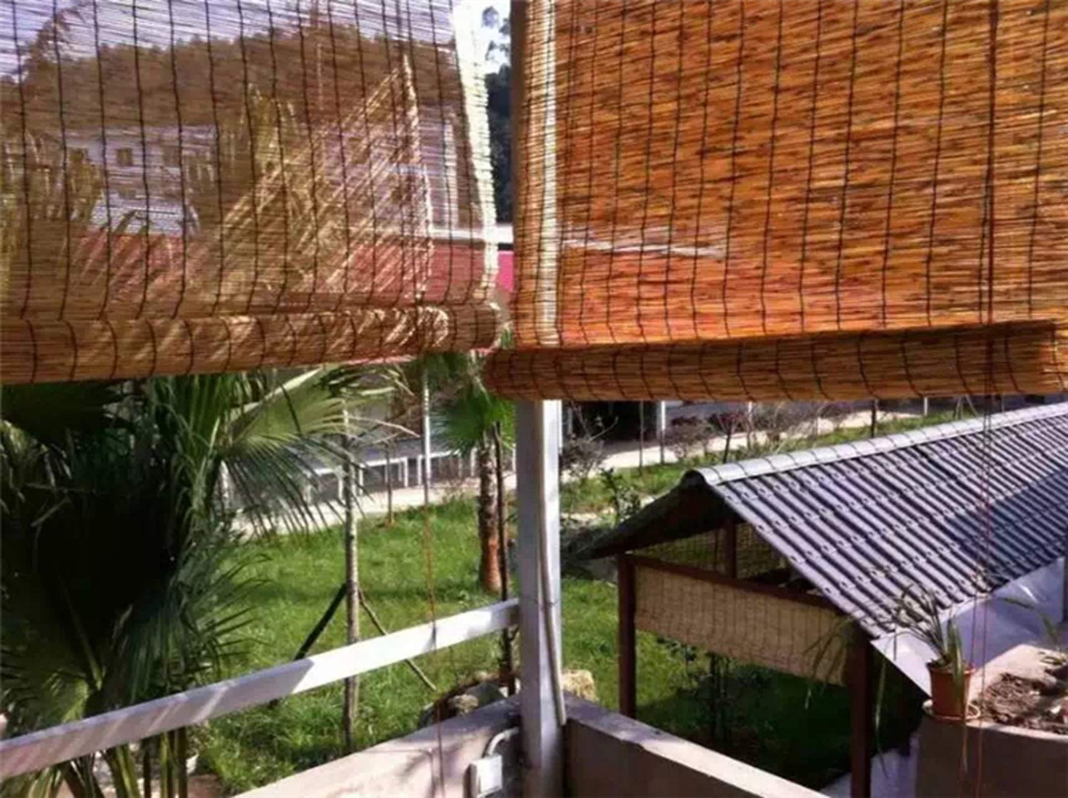 Rolety bambusowe - zewnętrzne rolety trzcinowe, rolety rzymskie, zasłona zaciemniająca z blokiem UV 70% na balkon, pergolę, odporna na warunki atmosferyczne, z haczykami i bocznym pociągnięciem (110 x