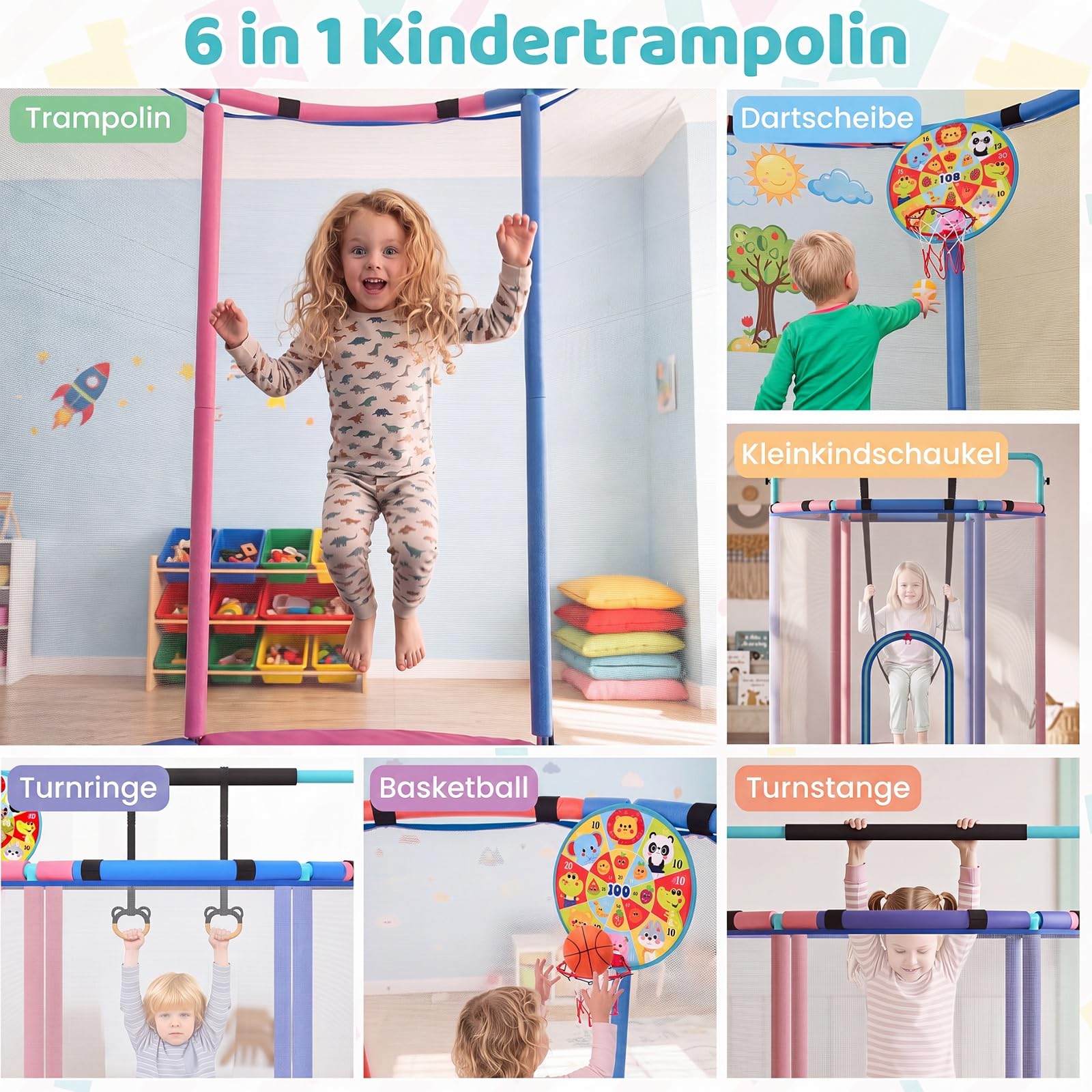 COSTWAY Trampolina dziecięca 6 w 1 z siatką zabezpieczającą | Trampolina dla dzieci z huśtawką, koszem do koszykówki, drążkiem gimnastycznym, tarczą do gry w darta, sztabką