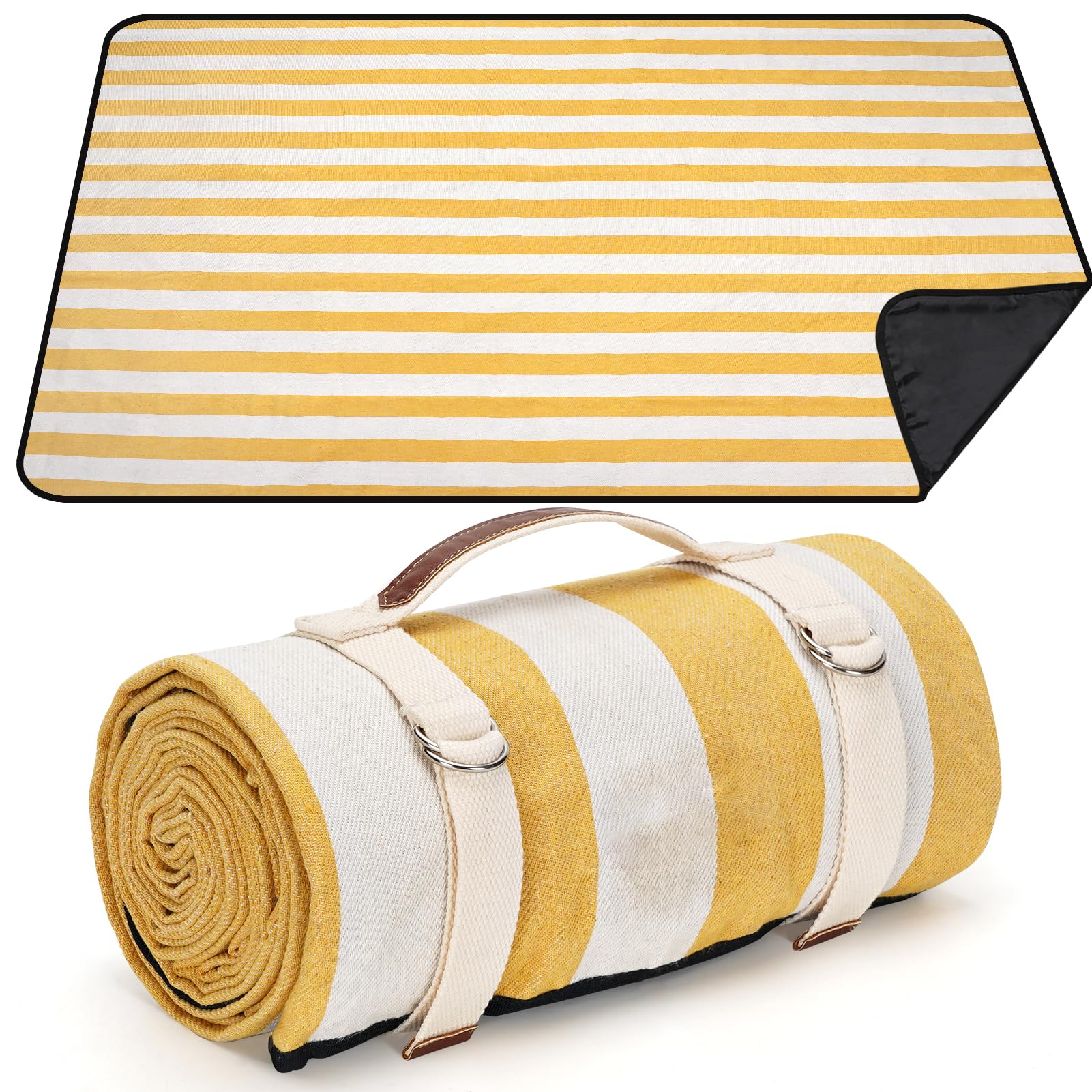 VIREO GARDEN Waterproof Picnic Blanket Portable with Carry Strap for Beach Mat or Family Outdoor Camping Party, 200X145cm Park Blanket for Grass Park, Hiking, Travel, Concerts.Bumblebee Yellow