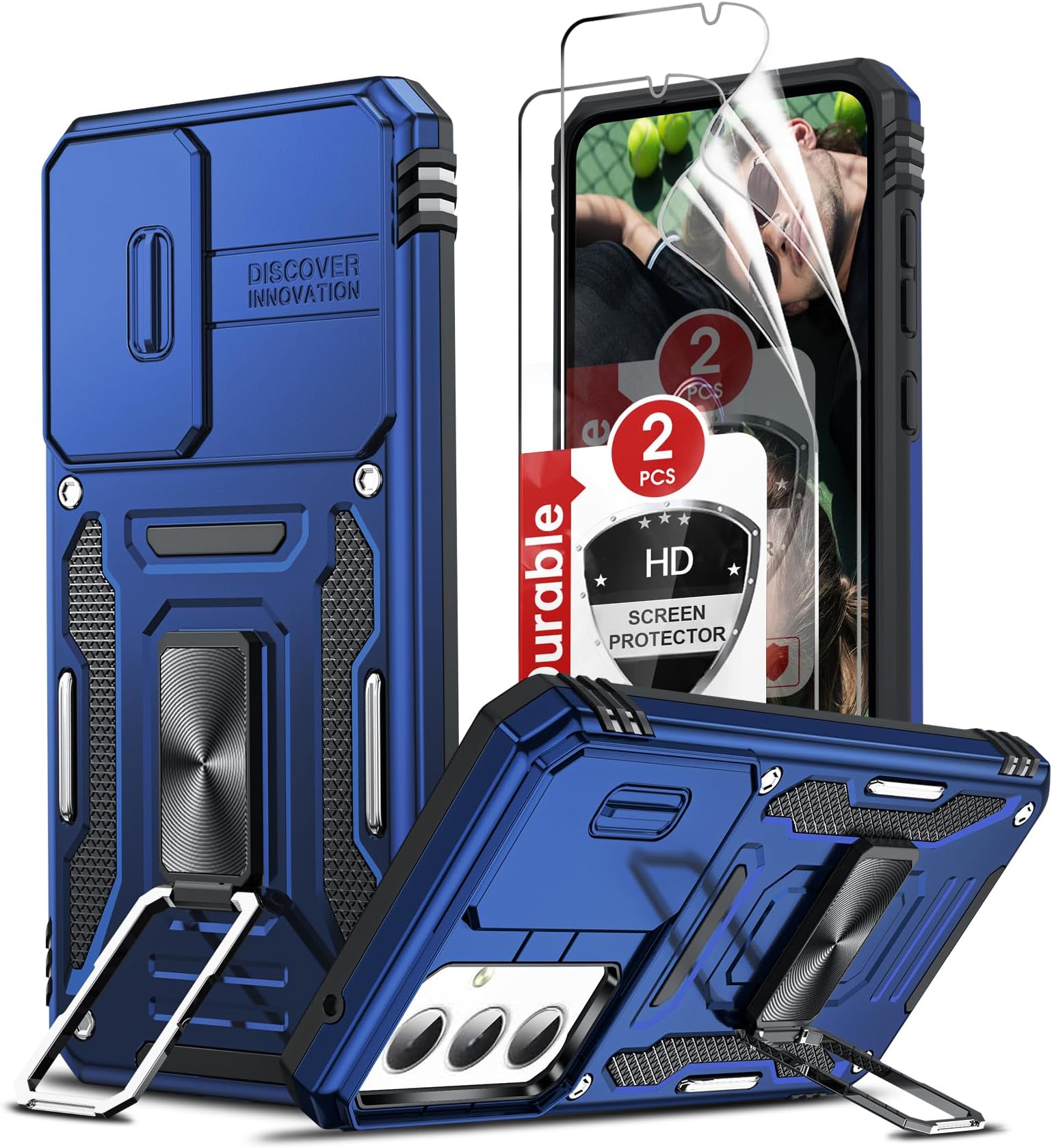 LeYi Compatible for Samsung A55 Case: A55 Samsung Phone Case with 2 Pack HD Screen Protectors, Heavy Duty with Slide Camera Cover & Magnetic 360°Rotatable Ring Kickstand for Galaxy A55 5G, Navy Blue