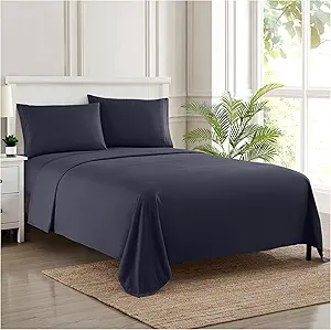 RV Queen Bed Sheets - Breathable Luxury Sheets with Full Elastic & Secure Corner Straps Built In - 1800 Supreme Collection Extra Soft Deep Pocket Bedding Set, Sheet Set, RV Short Queen, Navy