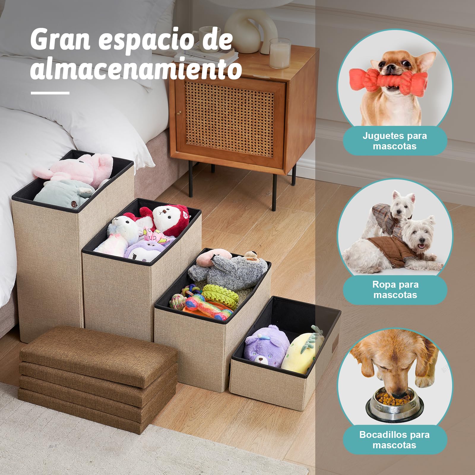 COZY KISS Escalera para Perros Pequeños con Almacenamiento, Plegable Rampa para Perros con Tapa a Prueba de Fugas, Paso para Mascotas Mayores para Silla Sofá, Ligero, Confort (Marrón, 43x72x42.5cm, 3)