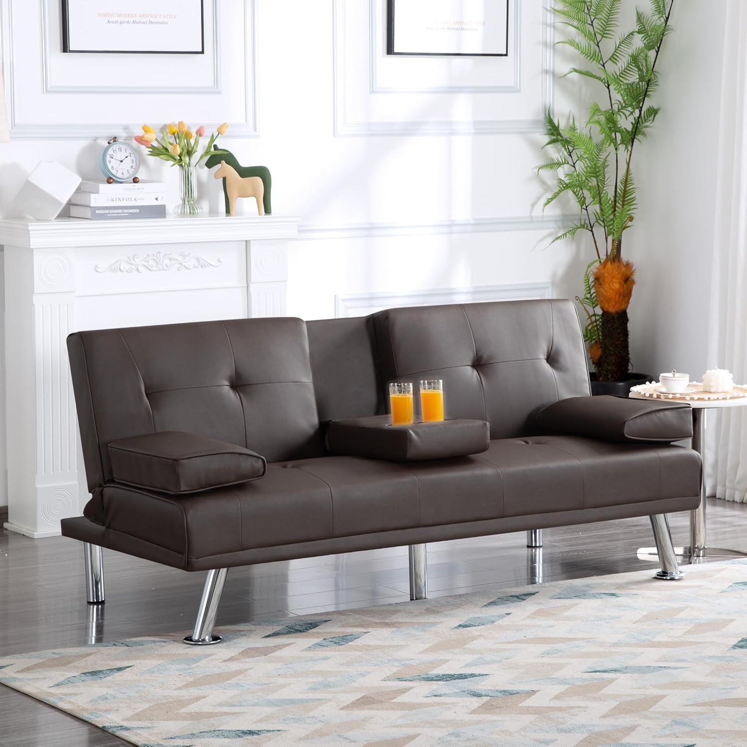 Modern PU Futon Set Convertible Recliner Sleeper Fold Up Down Loveseat Reversible Daybed Guest Bed 3 Angles Adjustable (Brown)